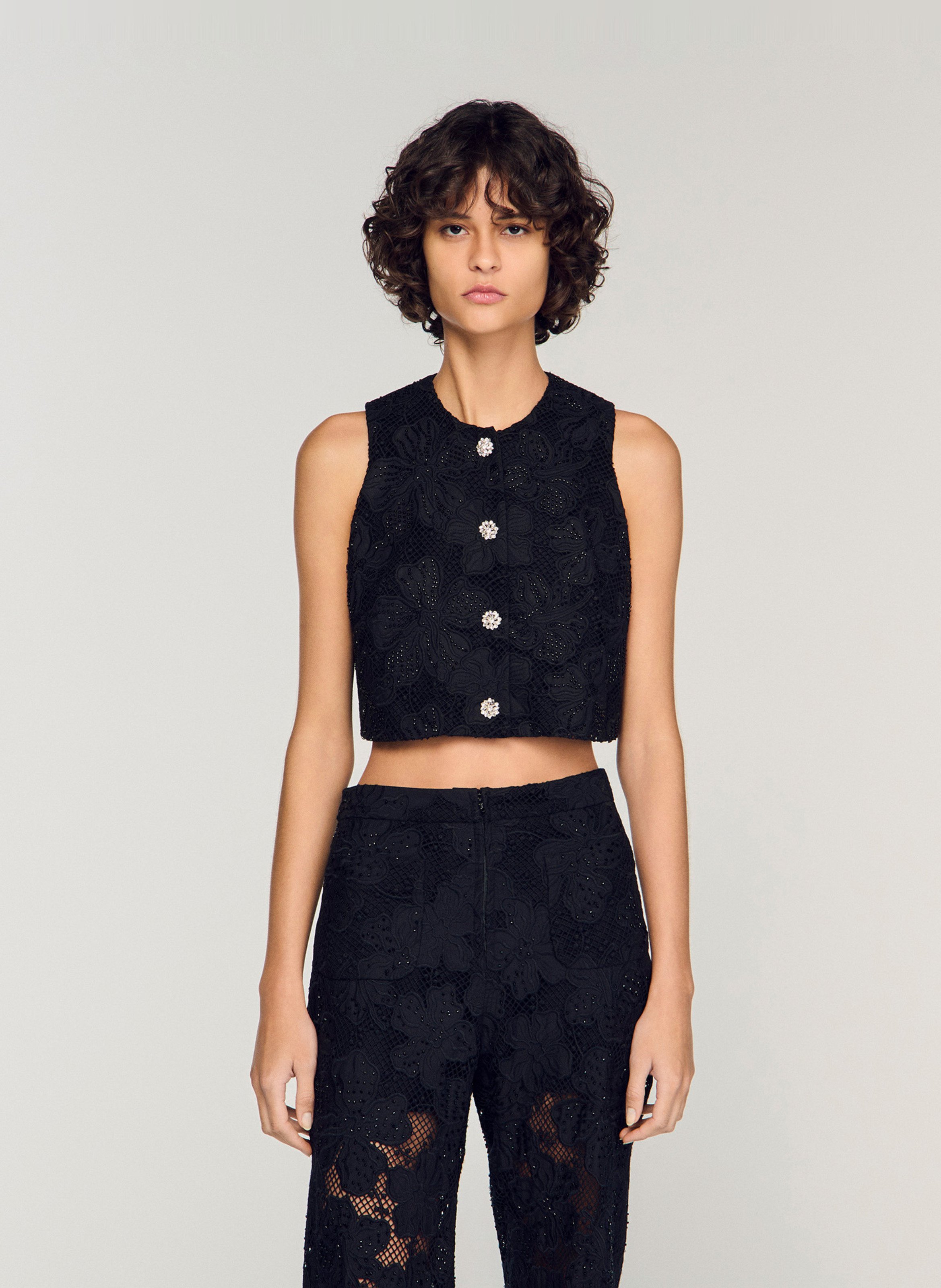 Sleeveless lace button-up top SANDRO Black