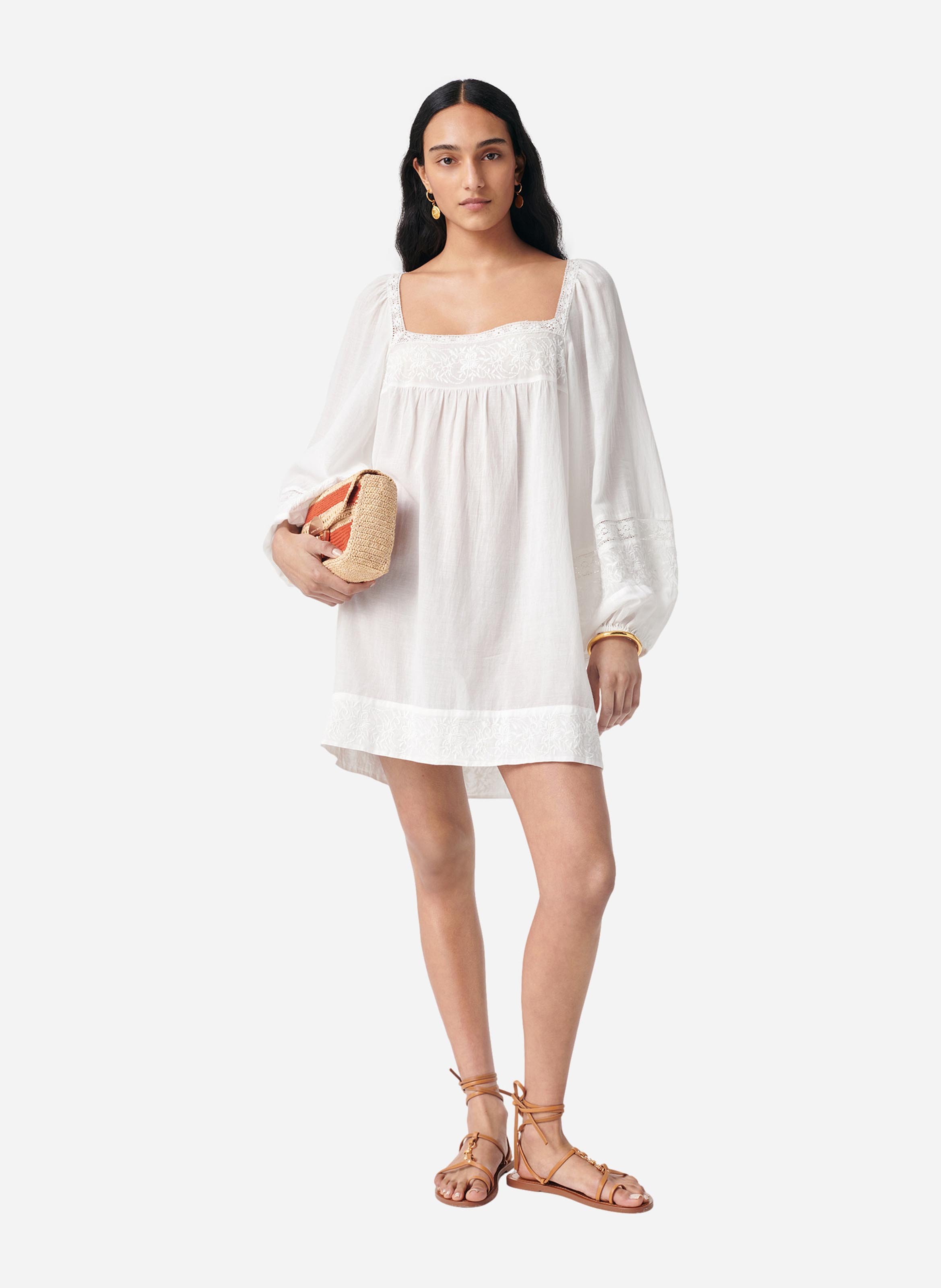 Square-neck cotton-blend short dress VANESSA BRUNO White