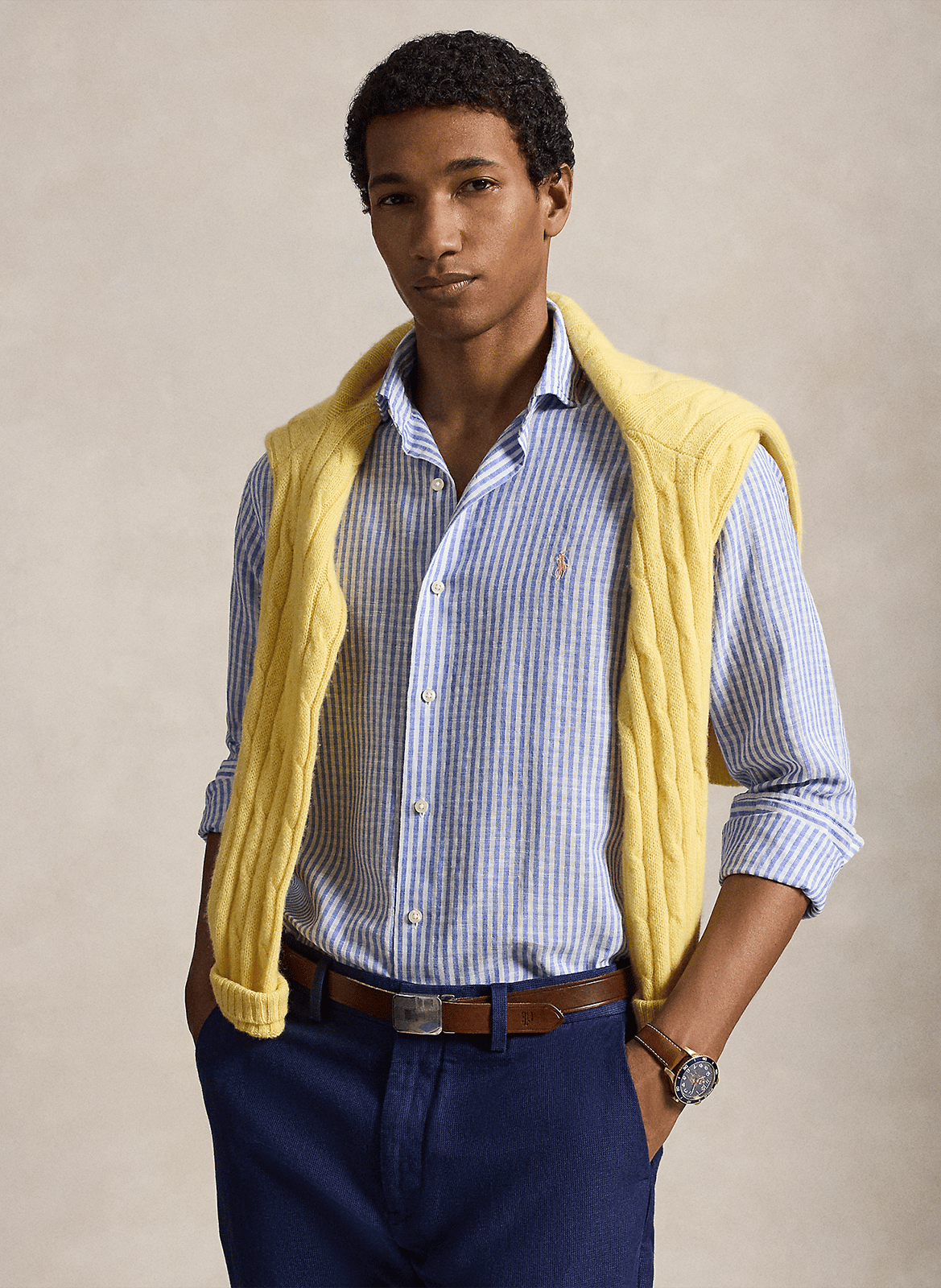 Straight classic collar shirt in striped linen and cotton Blue
