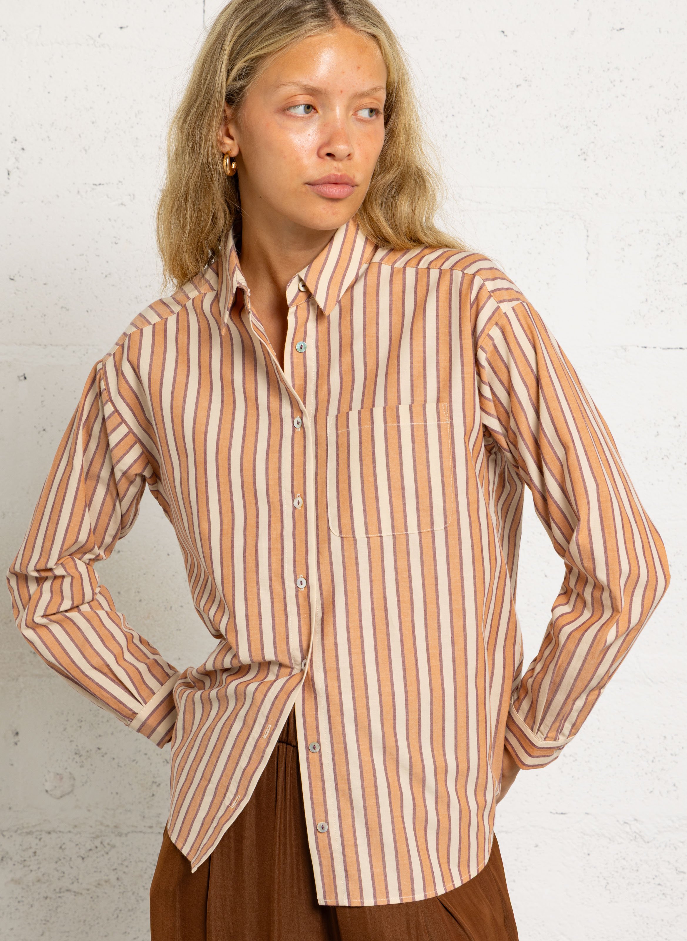 Striped straight cotton shirt with classic collar MAISON 123 Beige