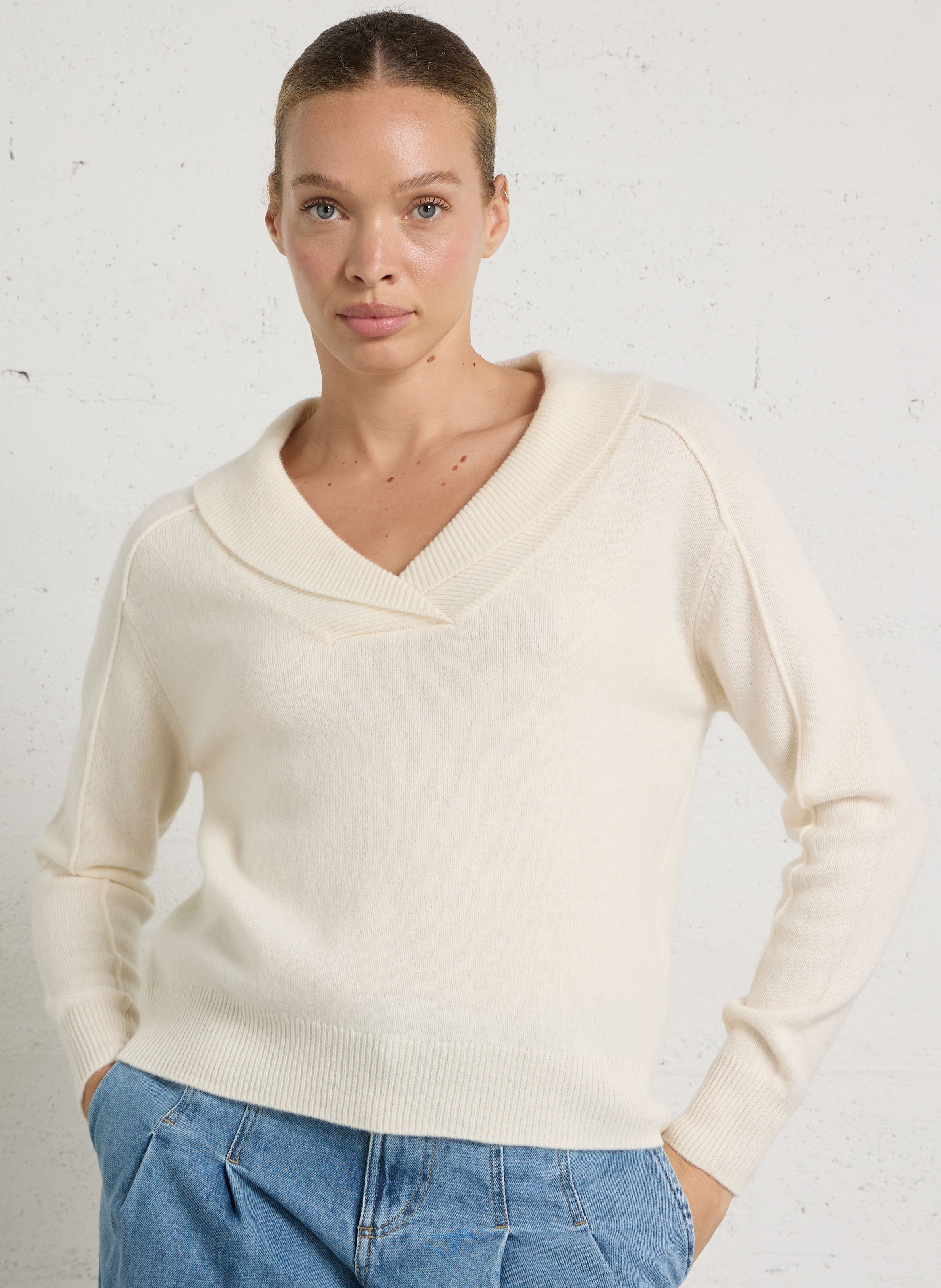 Pull droit à col chale en laine MAISON 123 Blanc