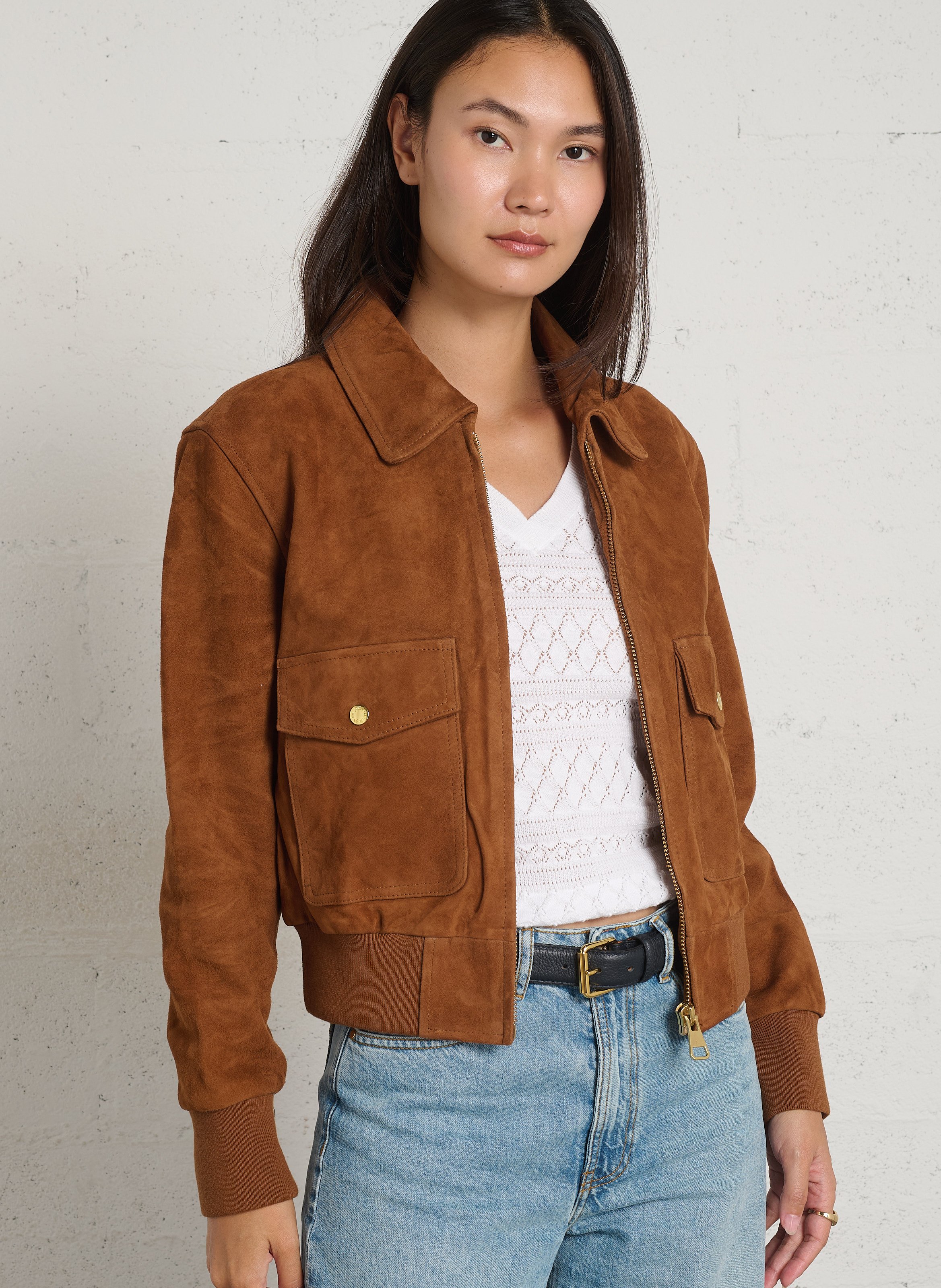 Veste col classique en cuir DES PETITS HAUTS Marron