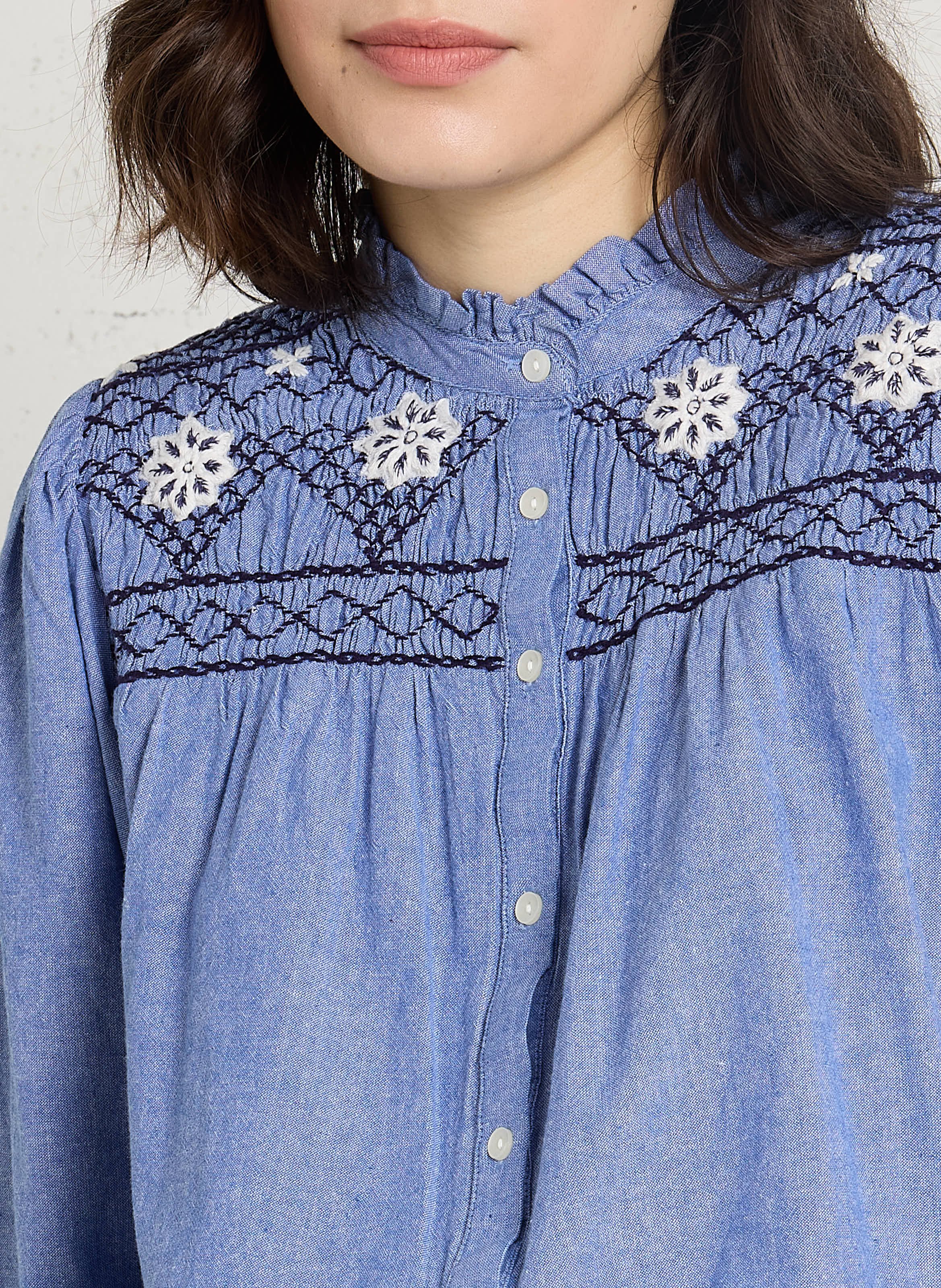 Bluse aus Bio-Baumwolle mit Rundhalskragen und Stickerei LOUISE MISHA Blau