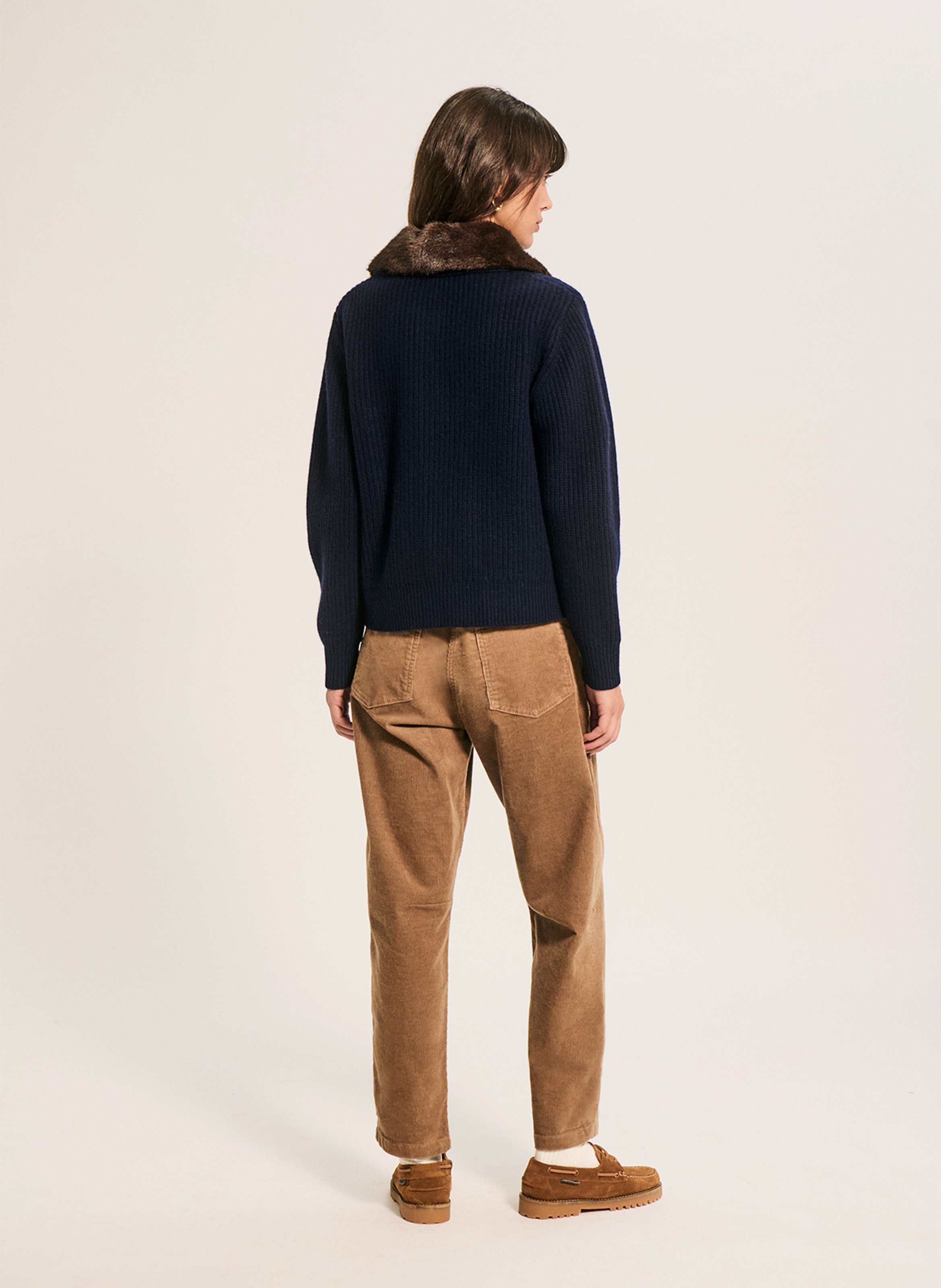 Straight gilet with fur collar in cashmere PABLO Blue