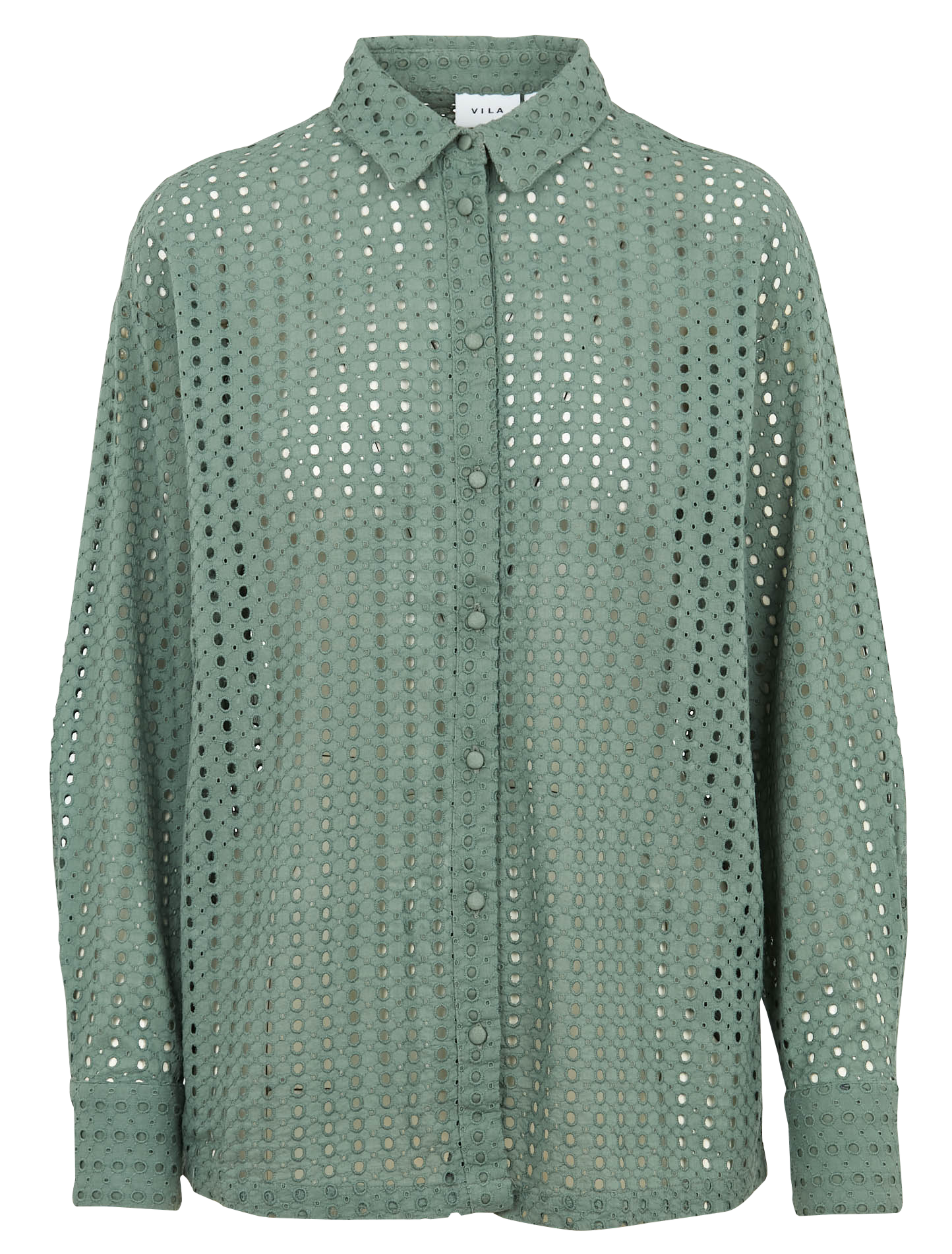 Classic-collar cotton shirt with openwork embroidery VILA Green