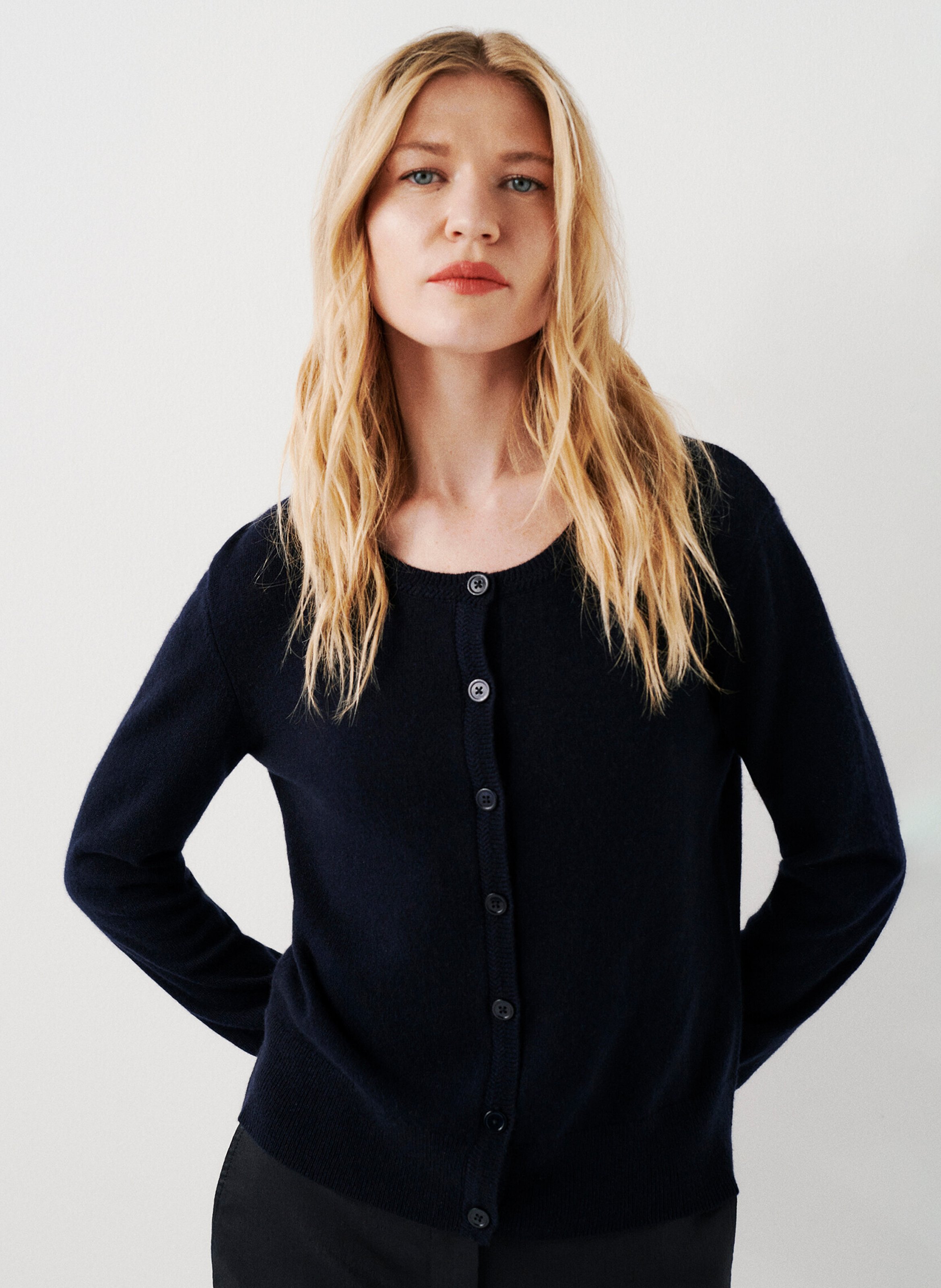 Blue Round neck straight cashmere cardigan