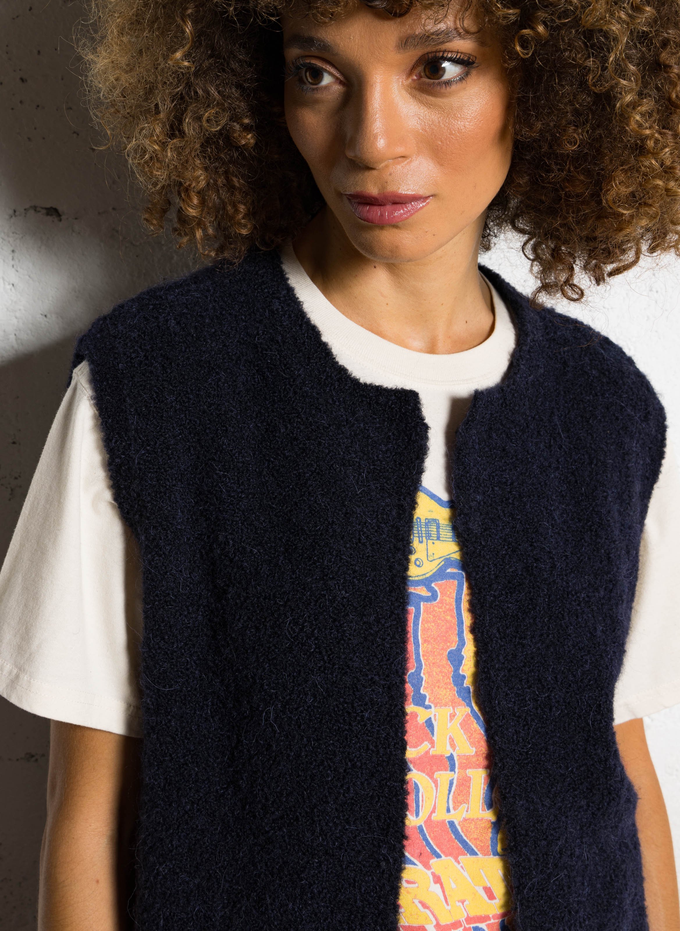 Round-neck mixed-knit cardigan DES PETITS HAUTS Blue