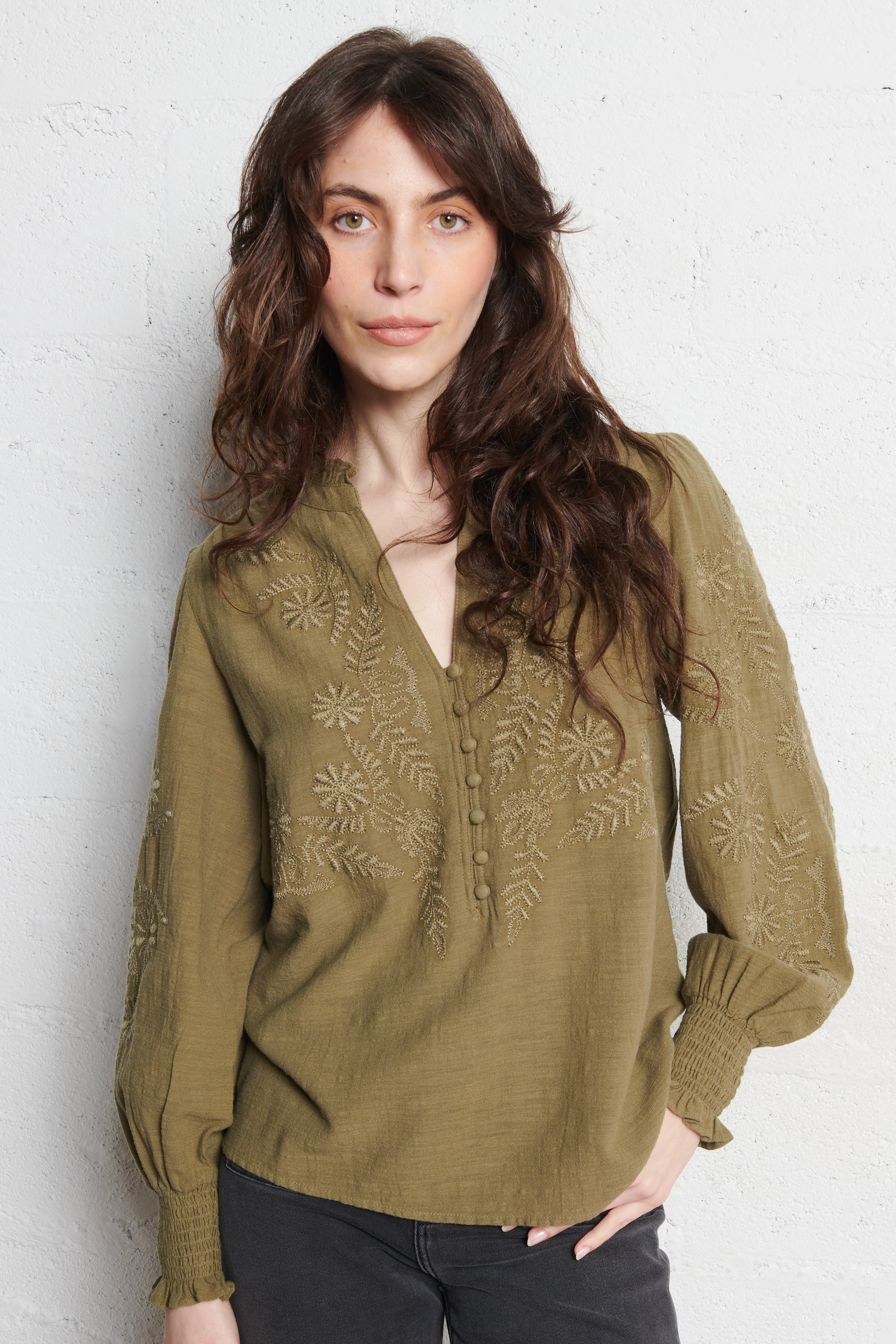 Embroidered cotton V-neck blouse MAISON 123