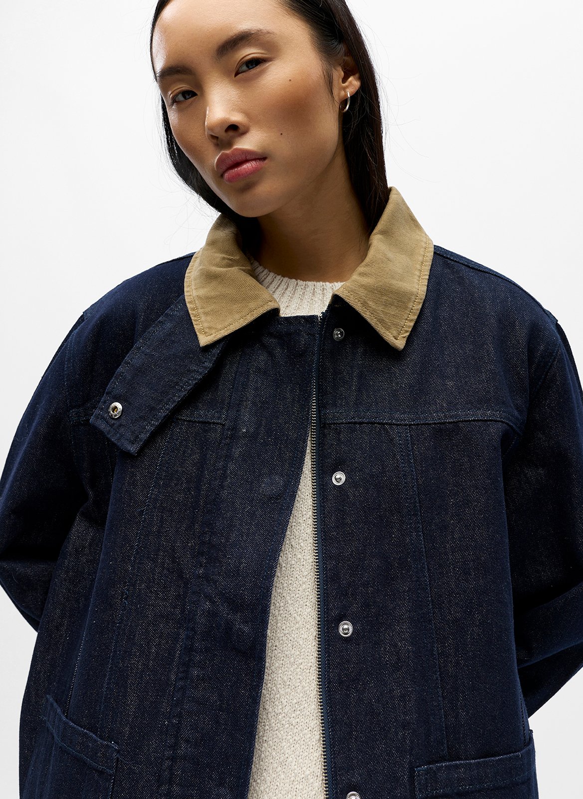 Oversize-Jacke mit asymmetrischem Kragen aus Baumwollmischung OBJECT Blau