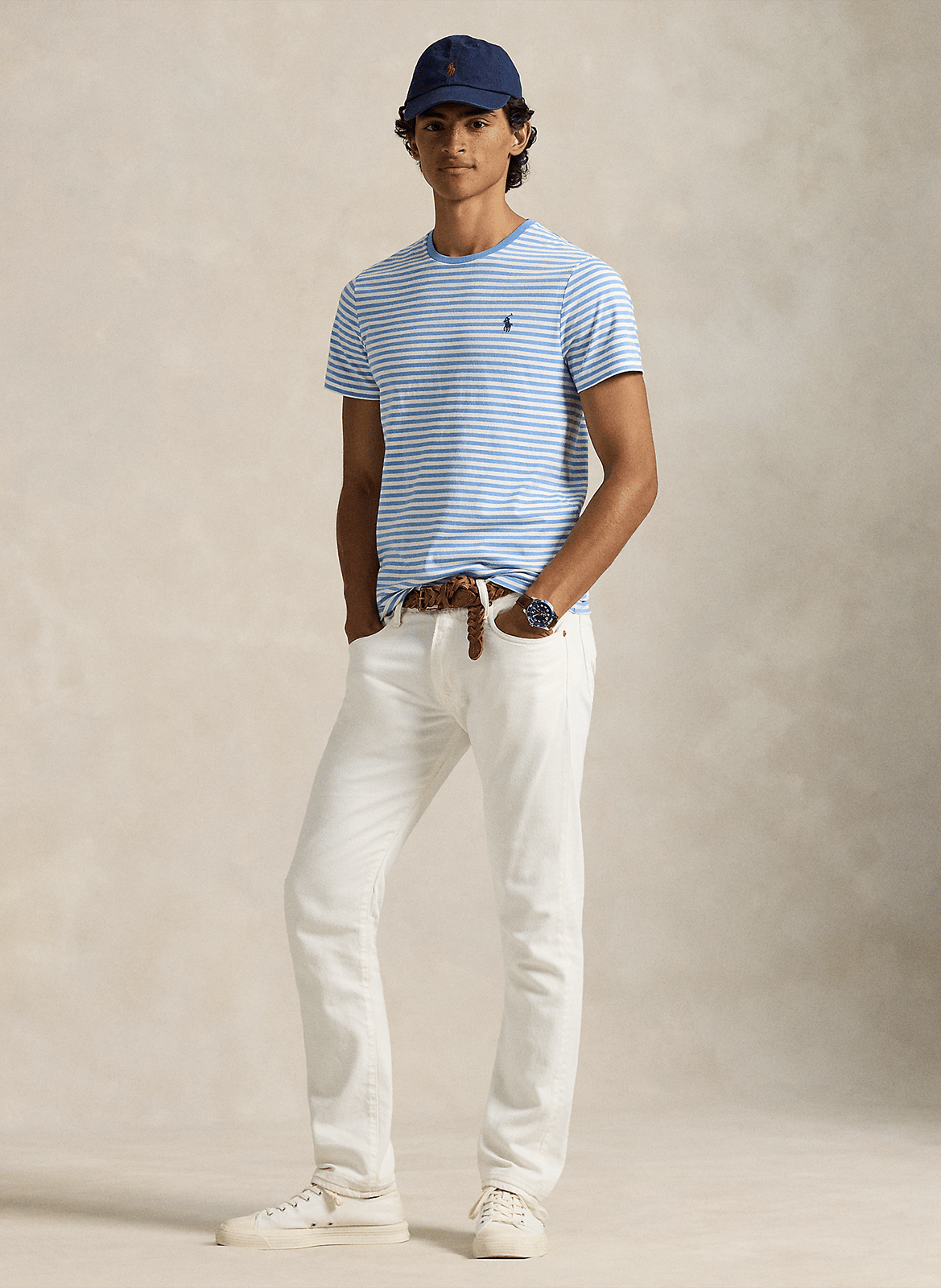 Camiseta recta con cuello redondo de algodón de rayas POLO RALPH LAUREN Azul