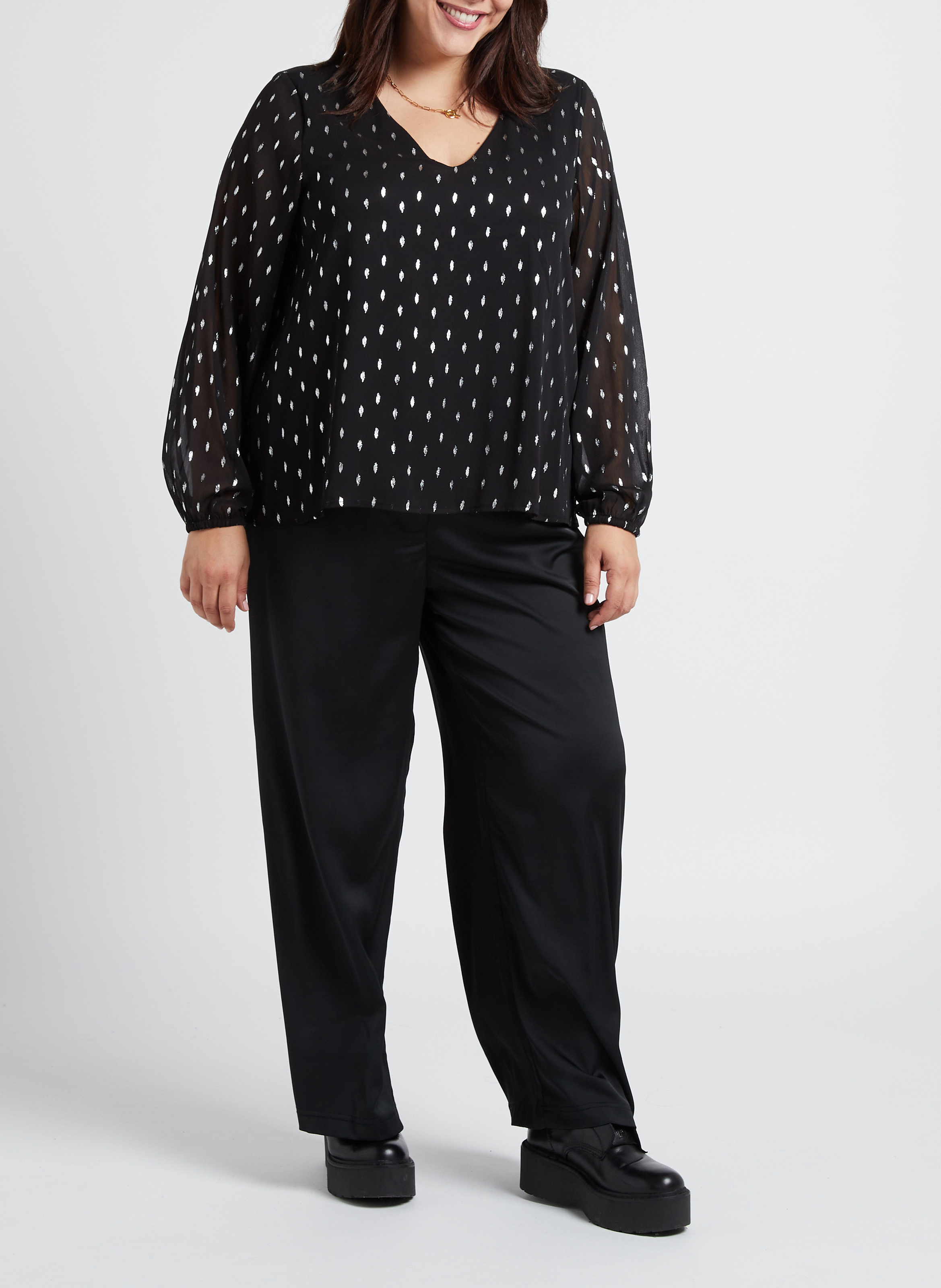 Blouse col V imprimée pois EVOKED Noir