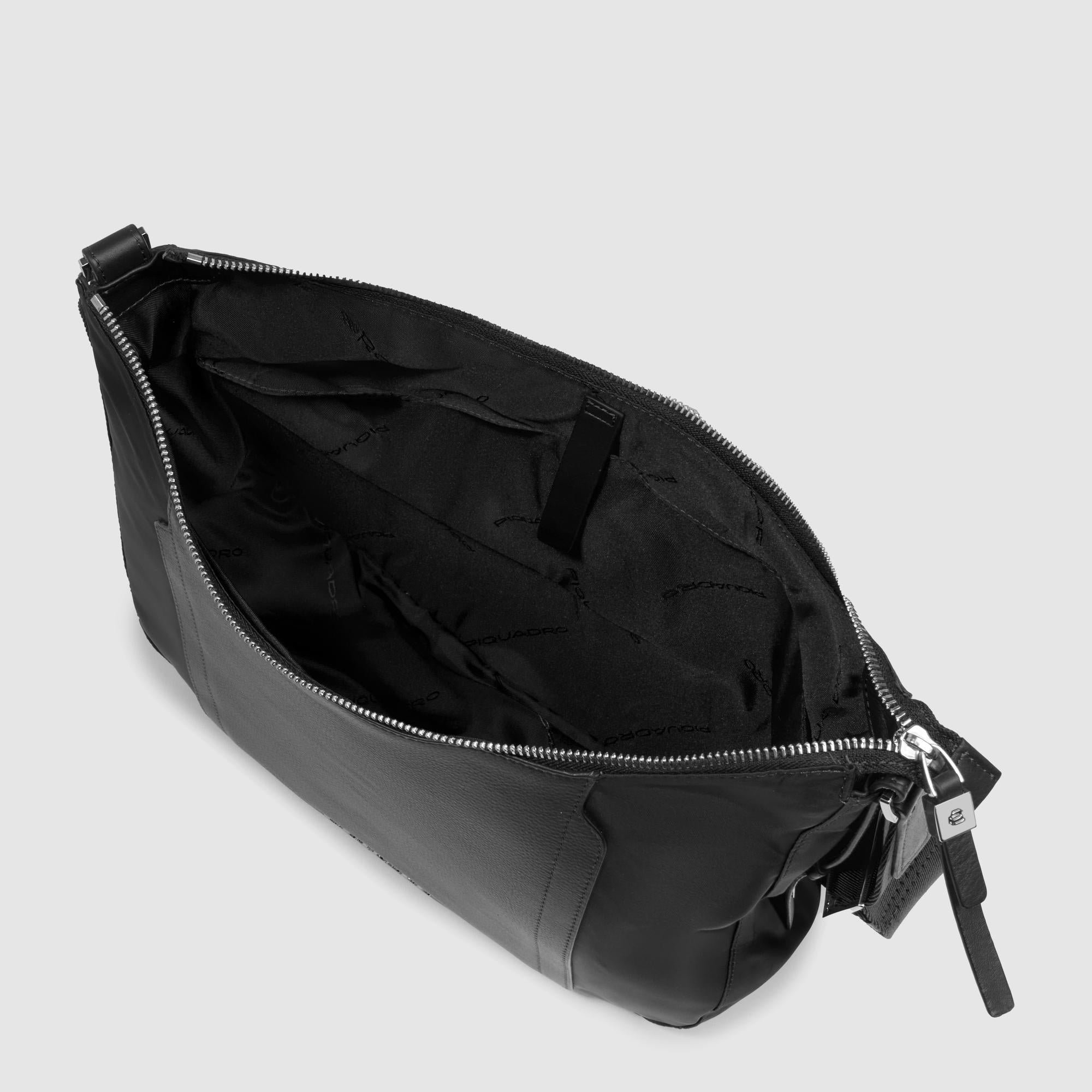 Women's shoulder bag for iPad® with RFID protection and pocket for Piquadro smart tracker Black