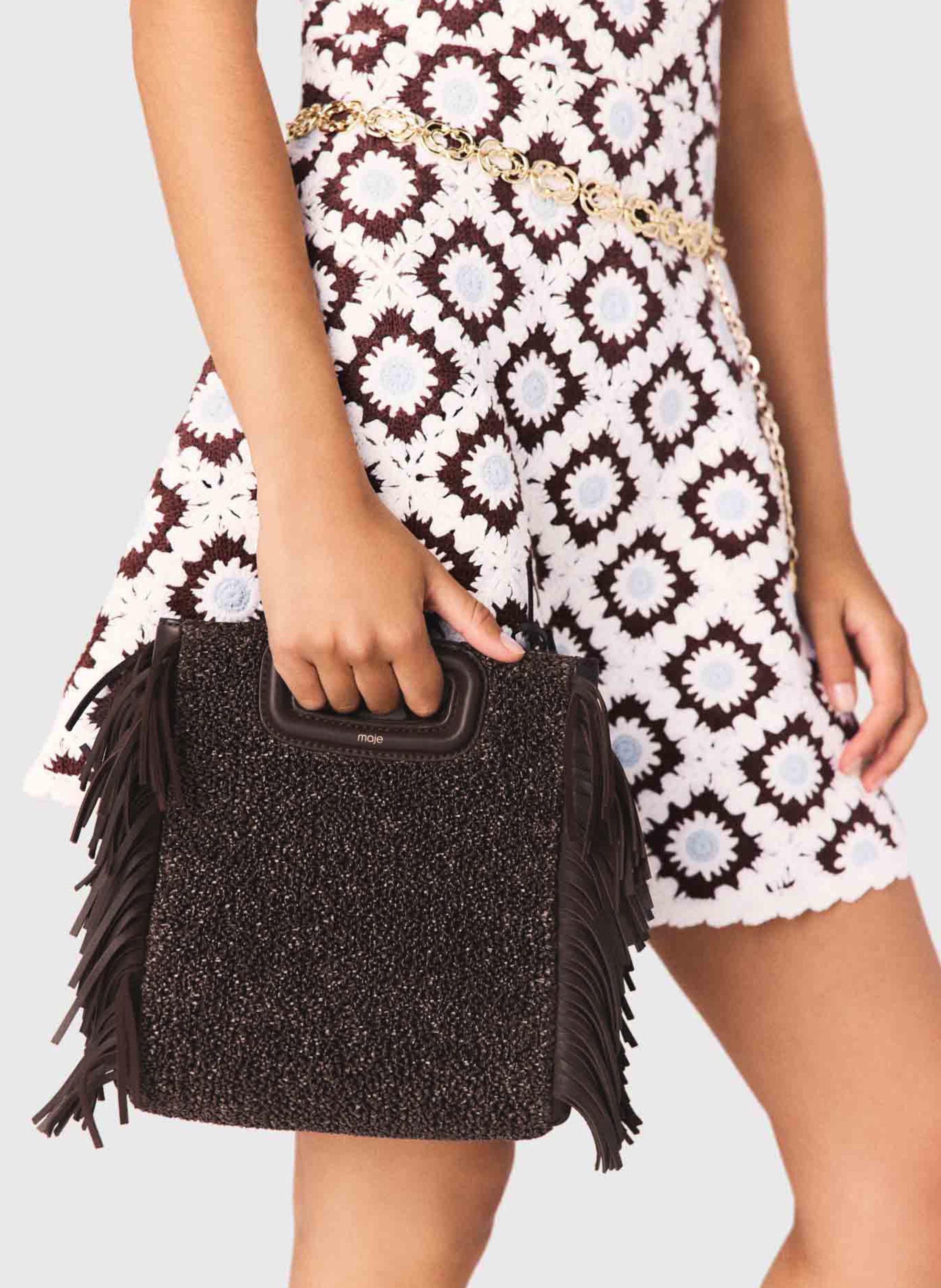 Sac bandoulière à perles et franges MAJE Marron