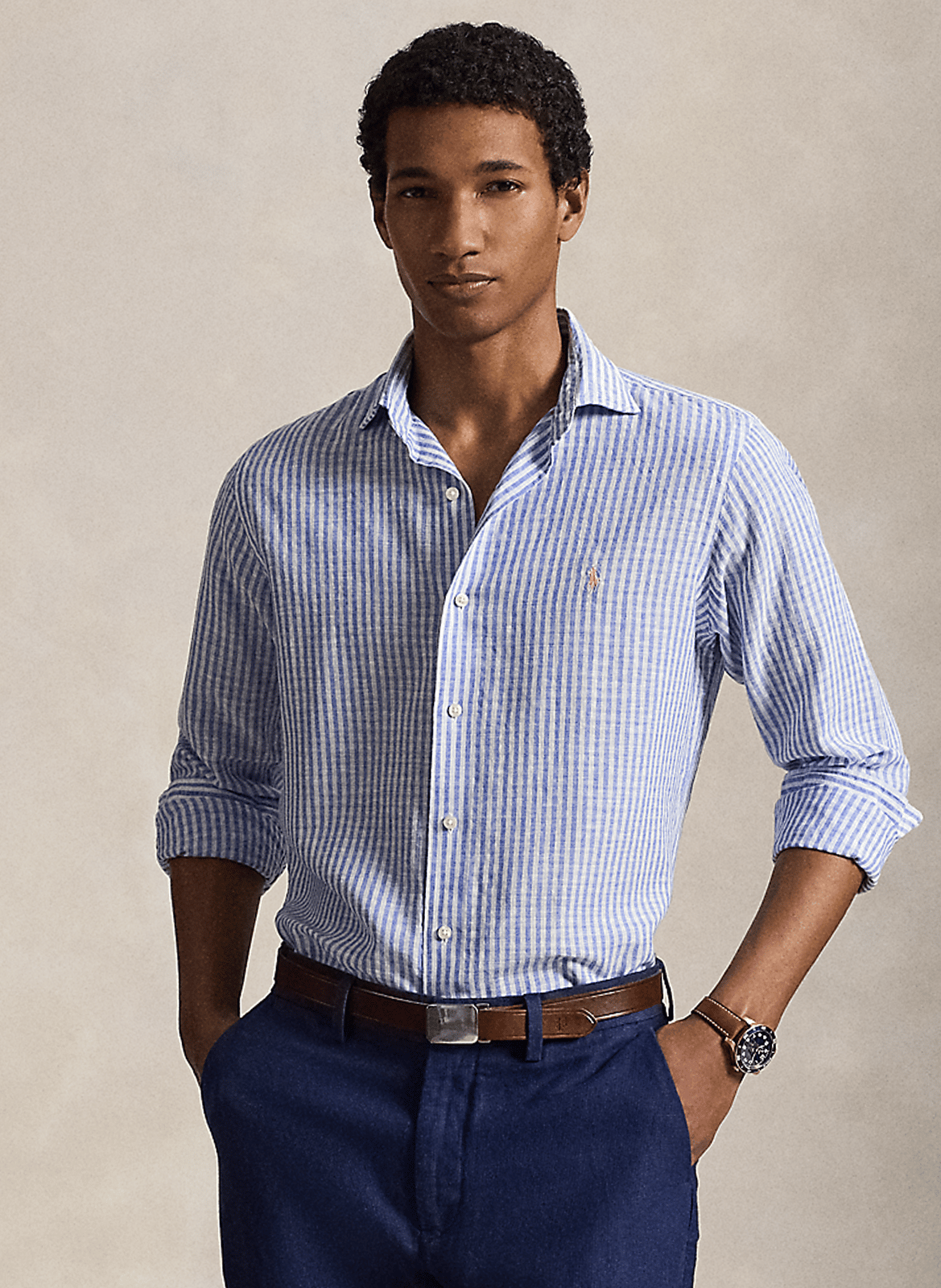 Straight classic collar shirt in striped linen and cotton POLO RALPH LAUREN