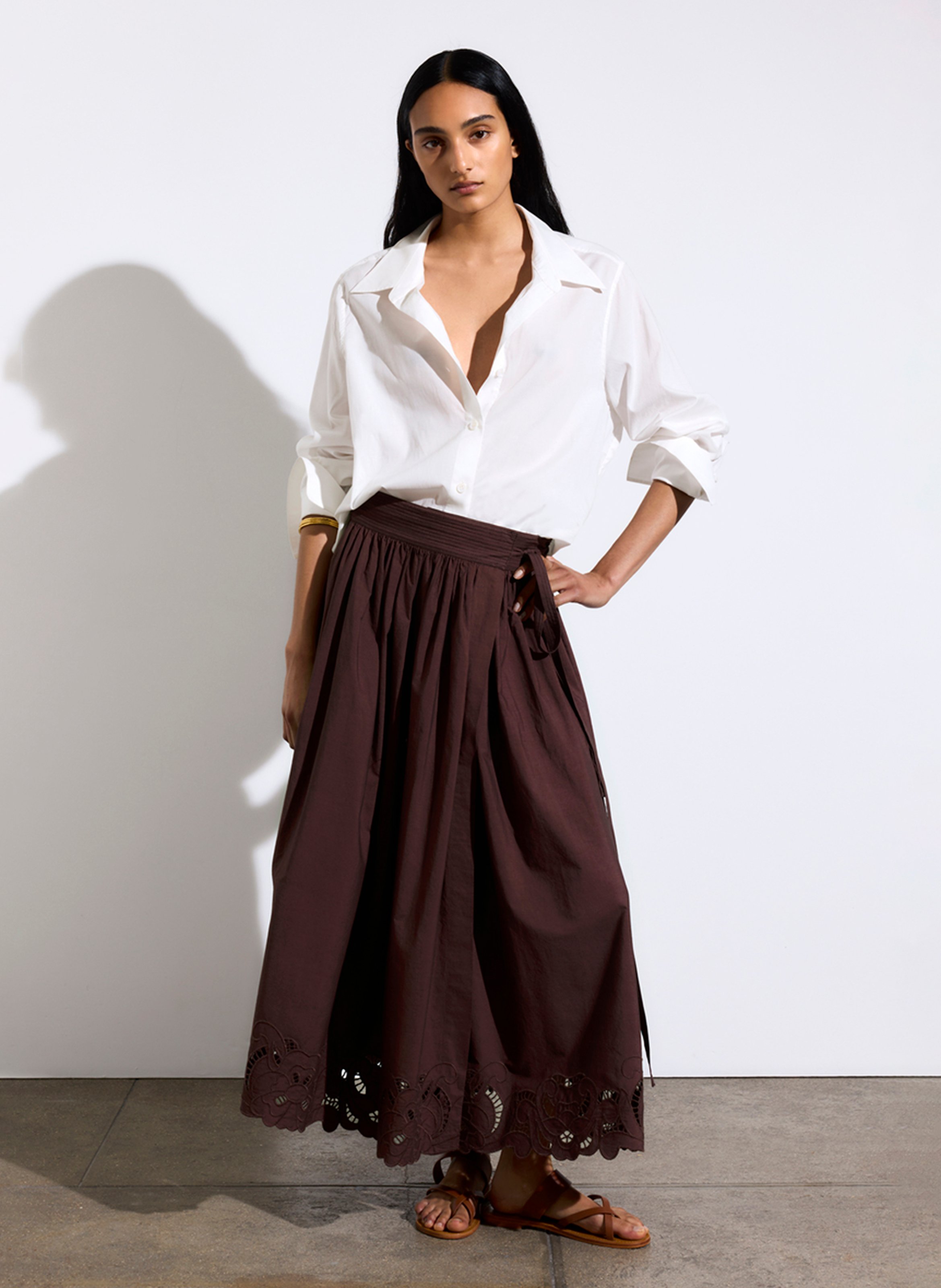 Long embroidered cotton wrap skirt VANESSA BRUNO Brown