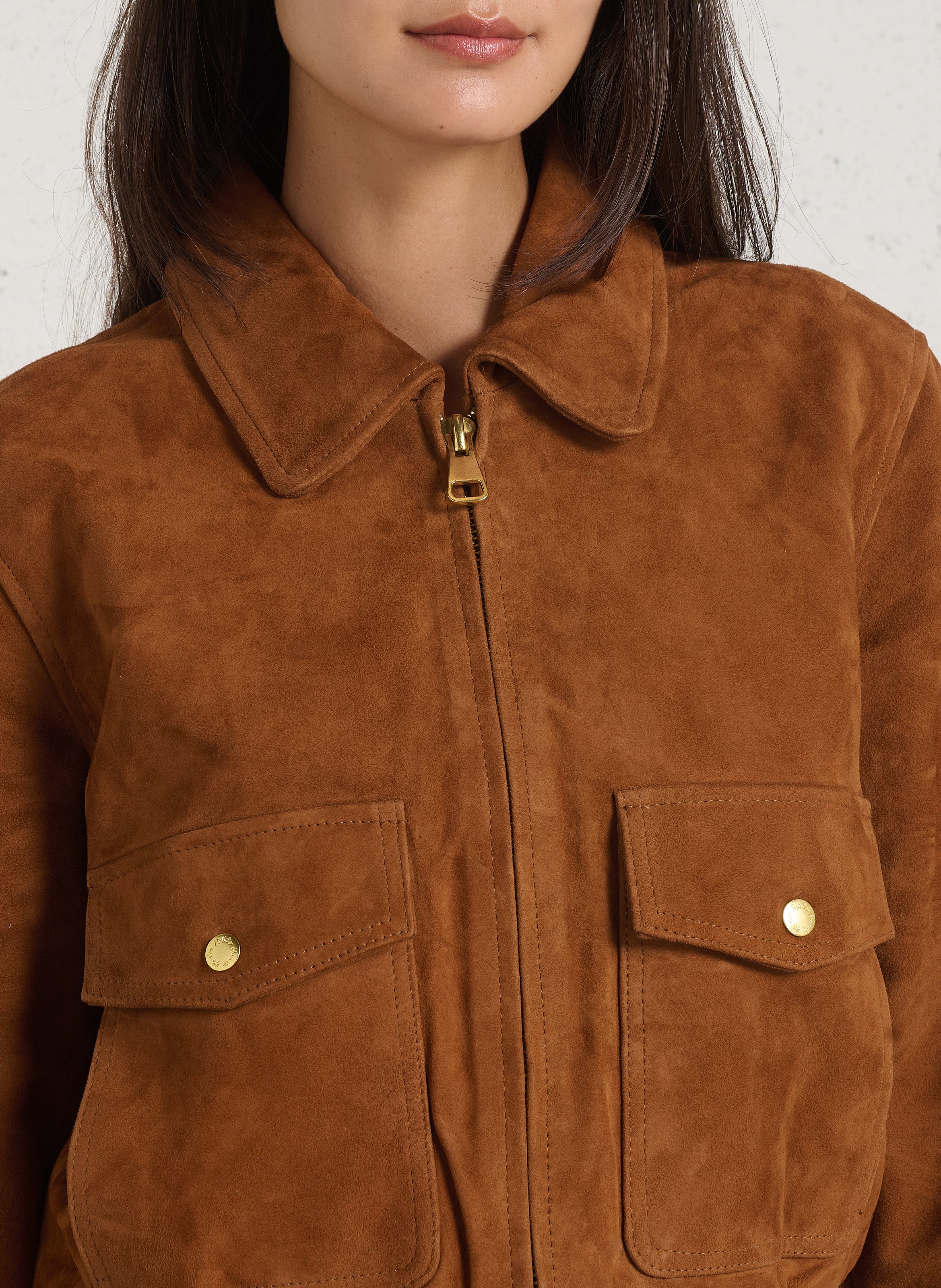 Veste col classique en cuir DES PETITS HAUTS Marron