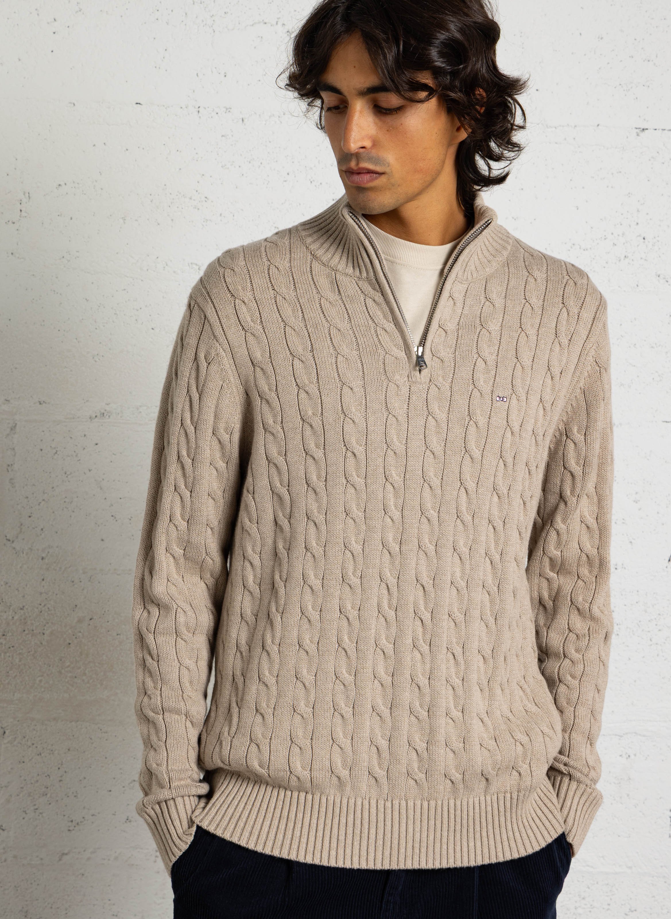 Gestrickter Baumwollpullover mit Zopfmuster EDEN PARK Beige