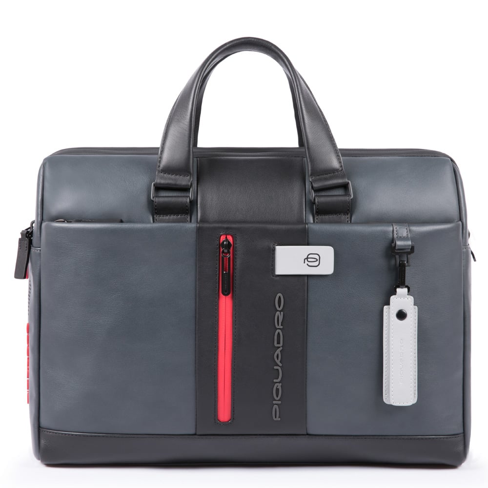 Computer and iPad® carrying briefcase with 2 handles, customizable tag, and connector pocket PIQUADRO Grey