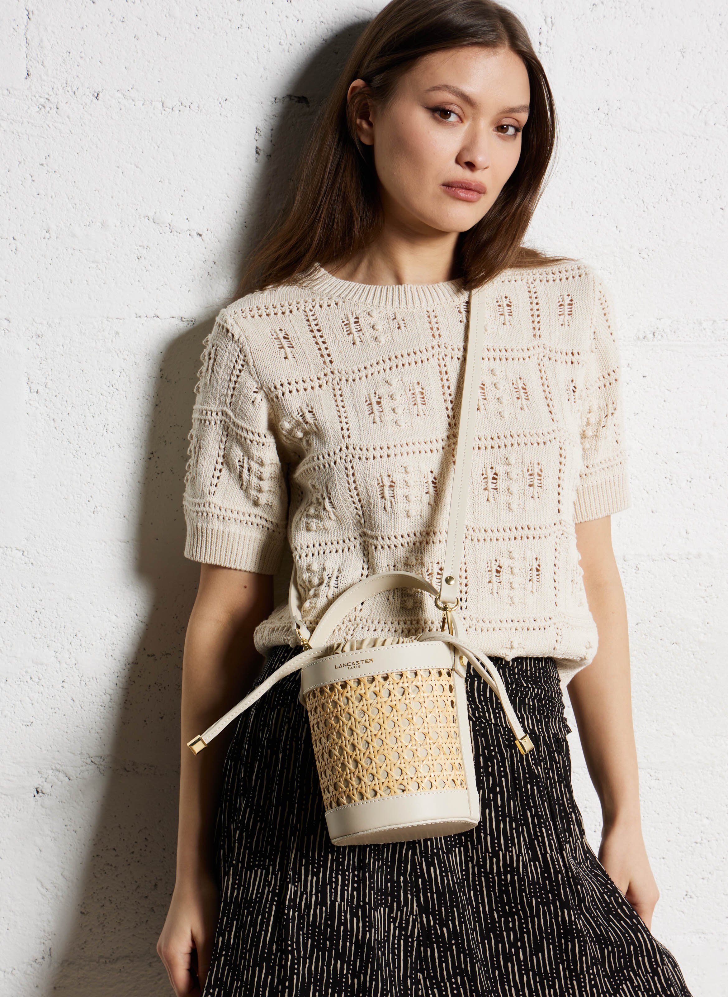 Sac seau en rotin et cuir Beige