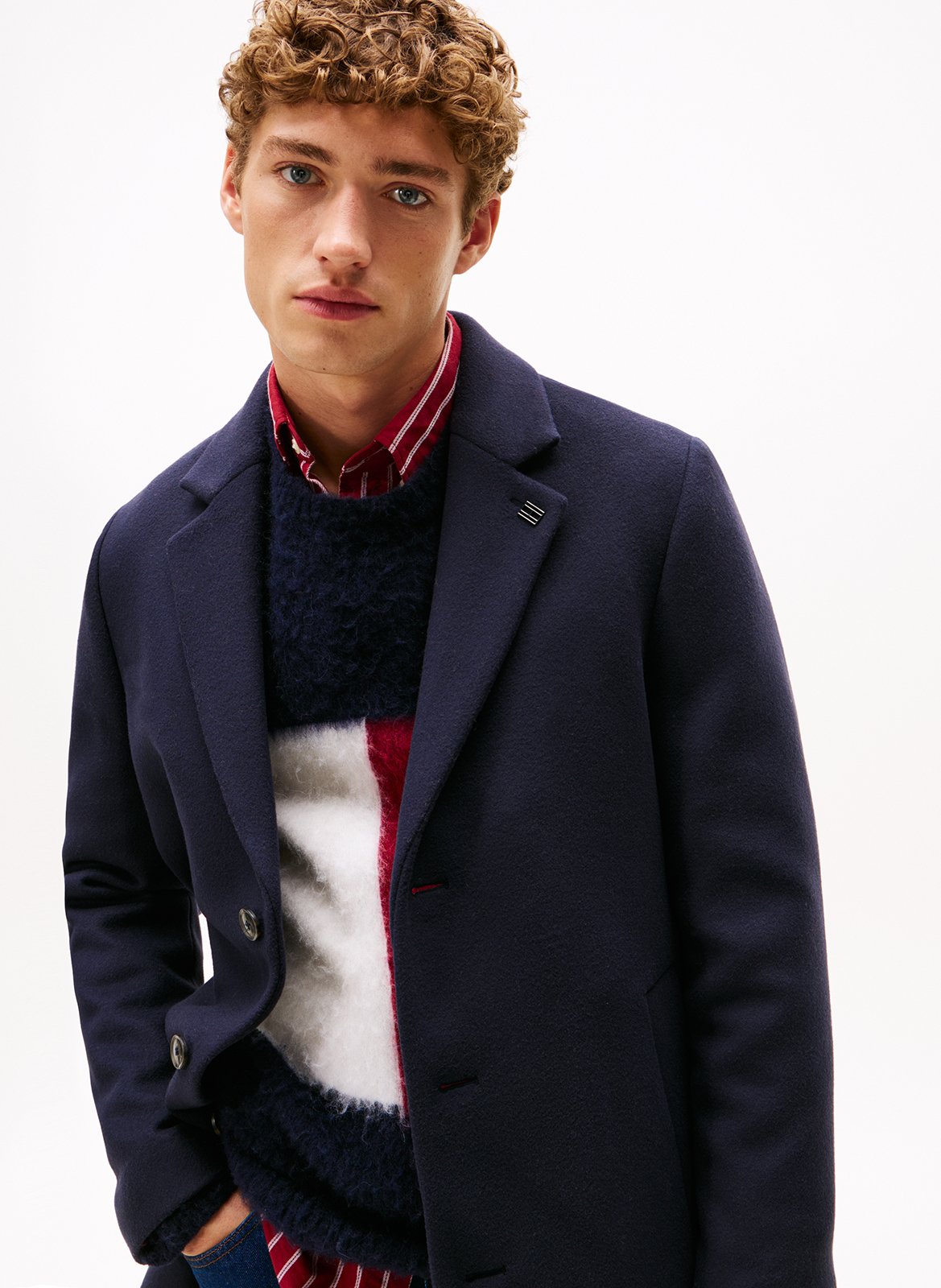 Manteau col tailleur en laine mélangée TOMMY HILFIGER Bleu