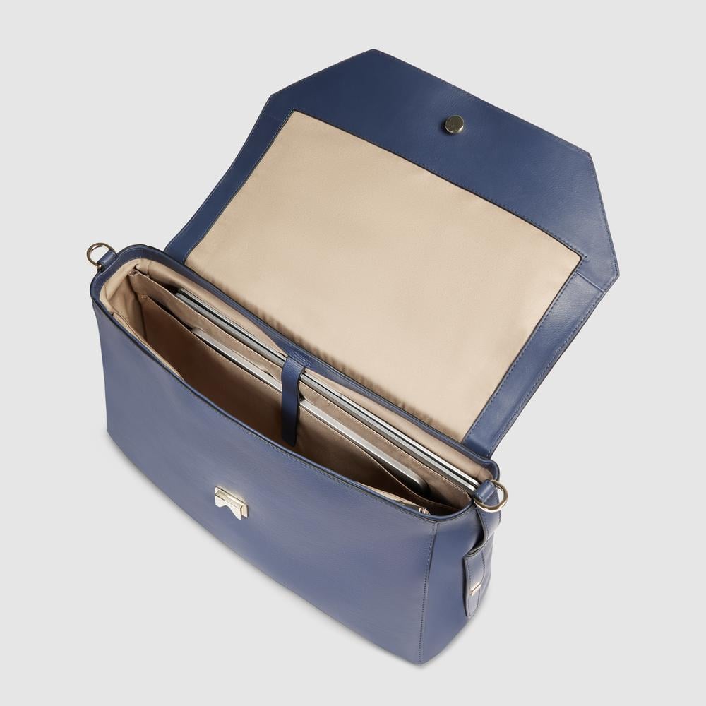 Women's leather satchel bag with laptop compartment, shockproof protection, and RFID shielding PIQUADRO Blue