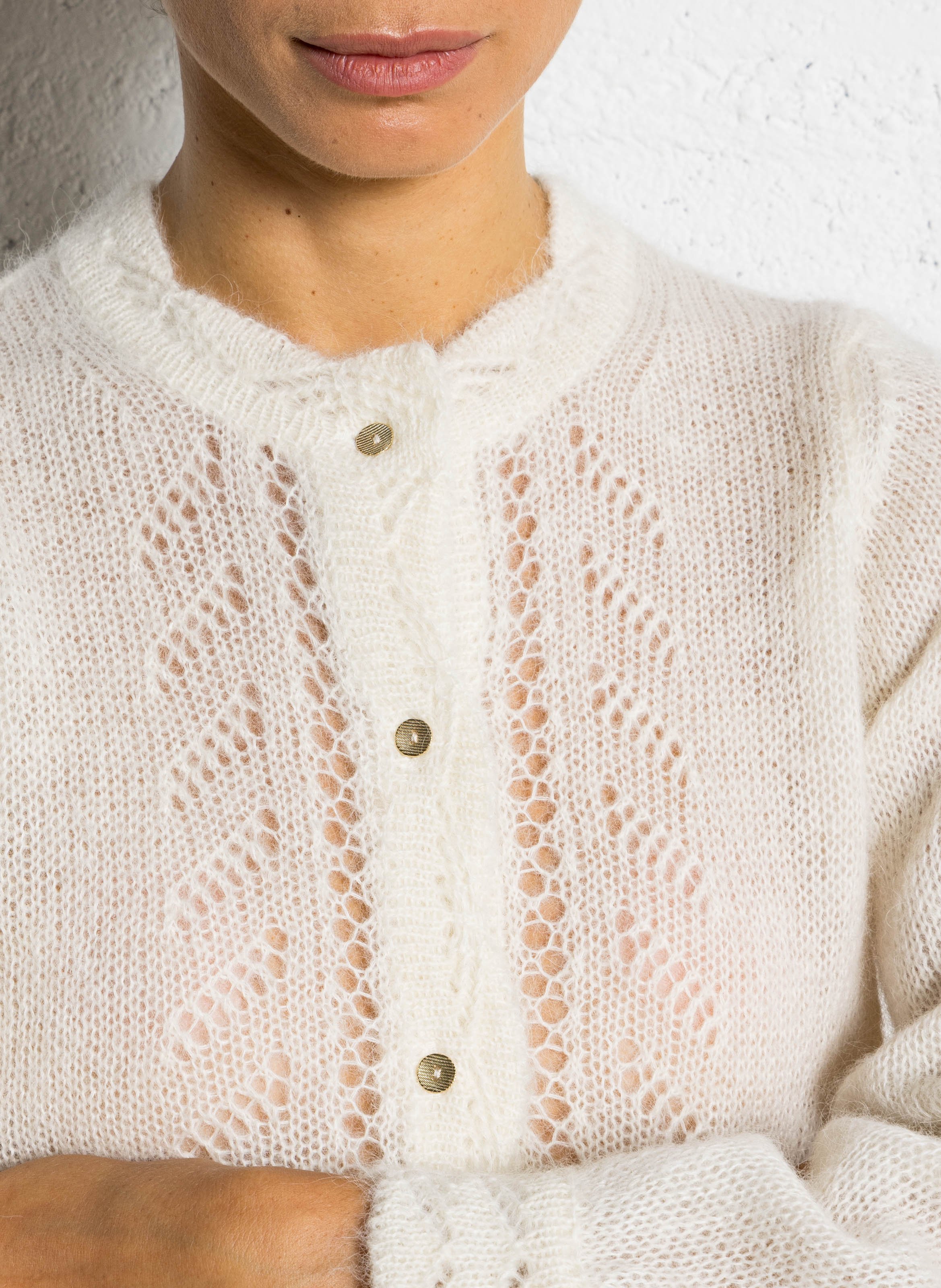 Gilet droit col rond ajouré en mohair et alpaga mélangés SUD EXPRESS Blanc