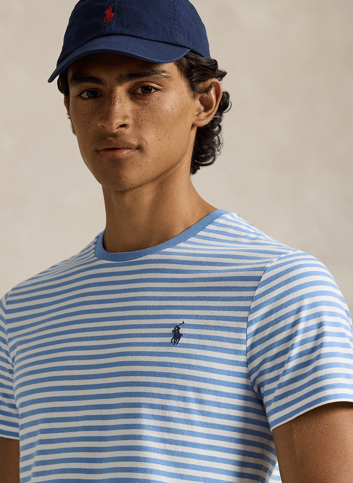 Camiseta recta con cuello redondo de algodón de rayas POLO RALPH LAUREN Azul
