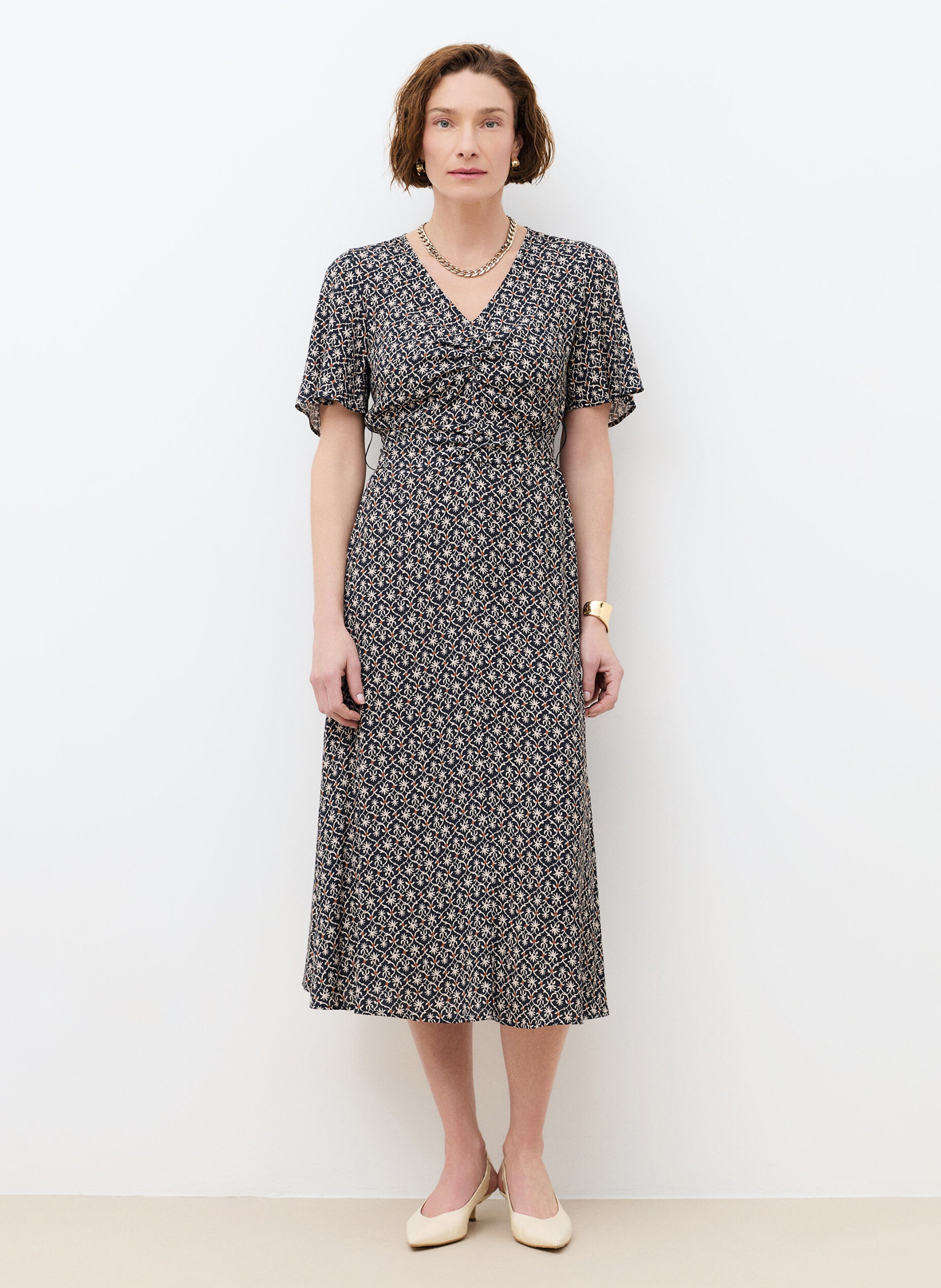 Robe midi col V imprimée CAROLL Noir