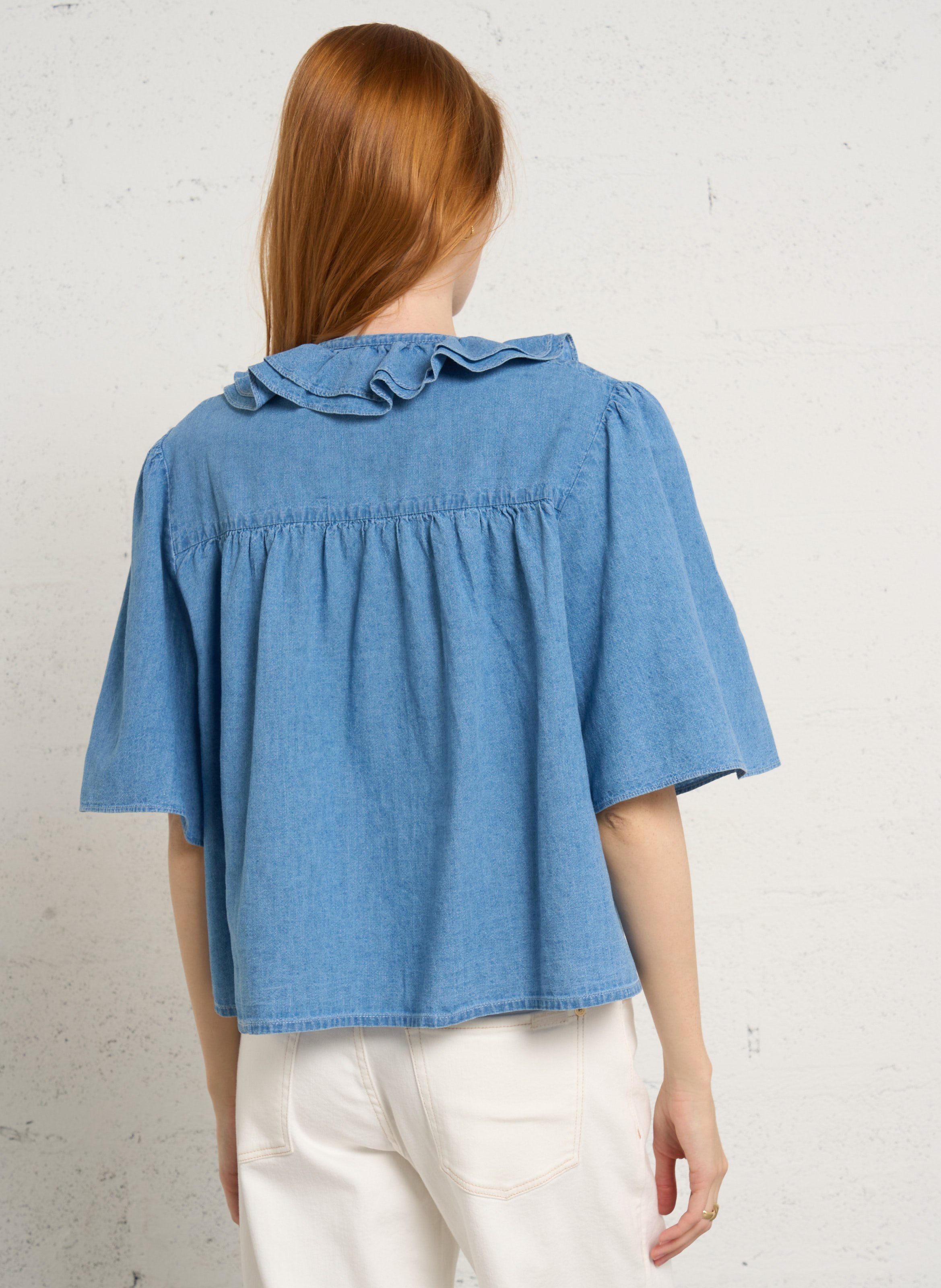 Blouse van gemengd linnen met ronde hals SUZIE WINKLE Blauw