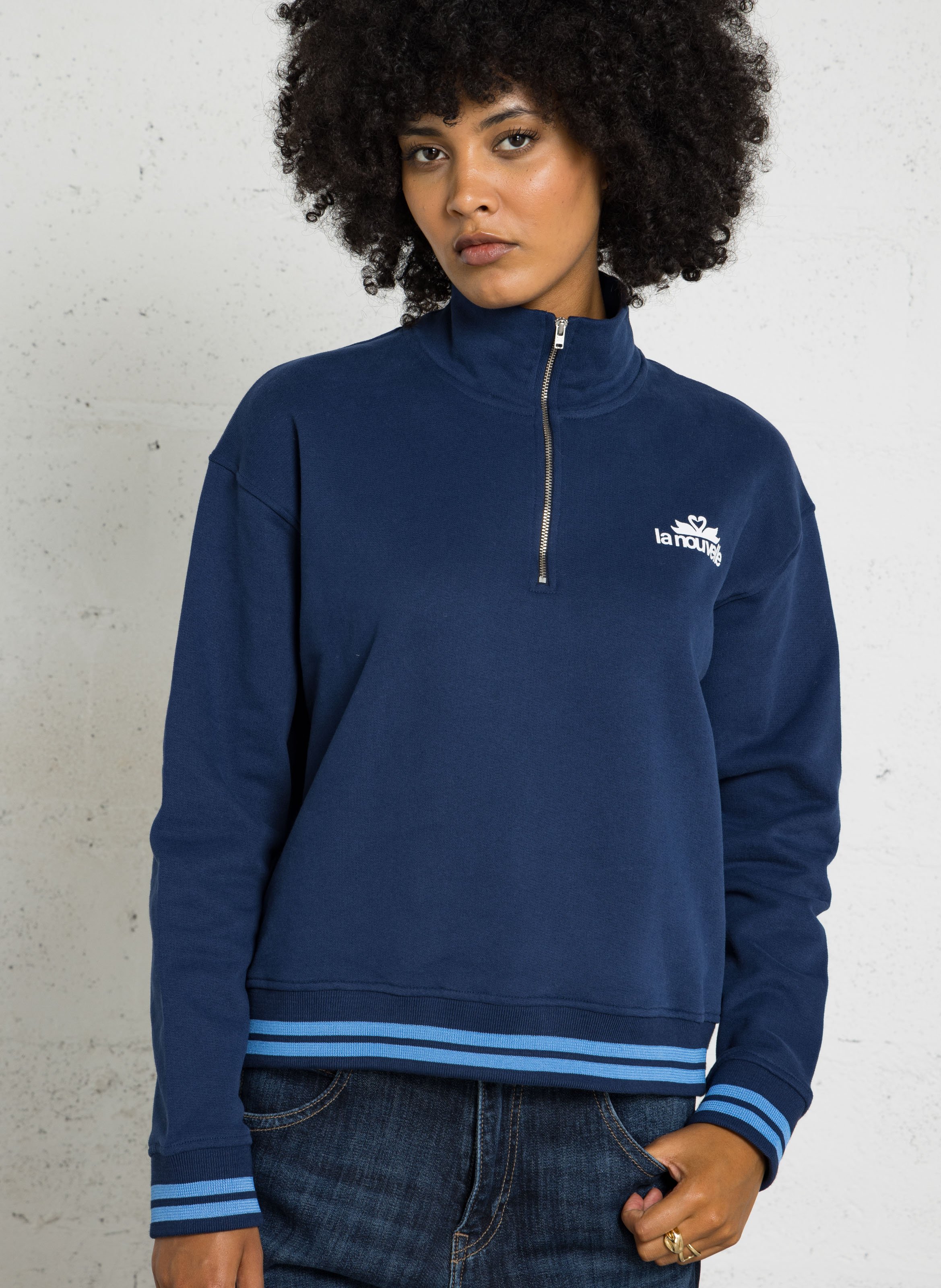 Sweater with logo and high collar in organic cotton LA NOUVELLE Blue