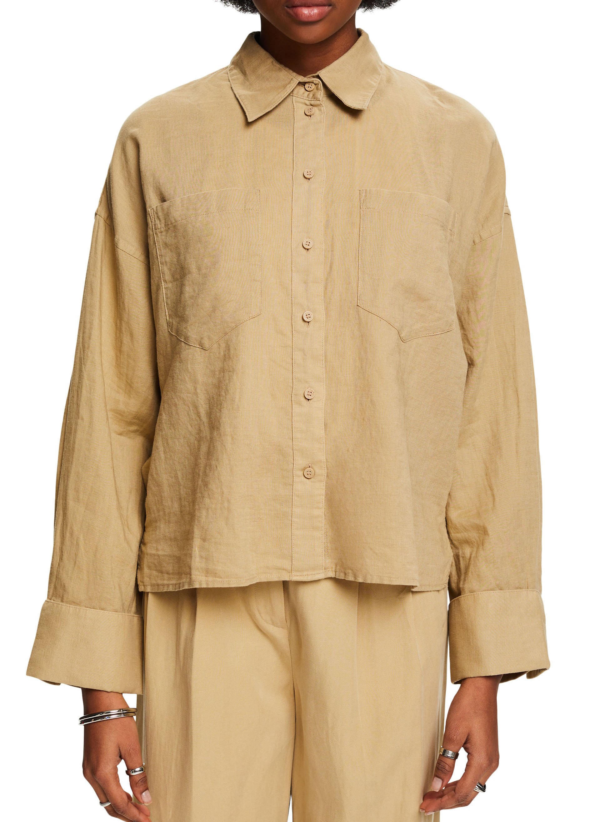Linen and cotton-blend shirt with classic collar ESPRIT