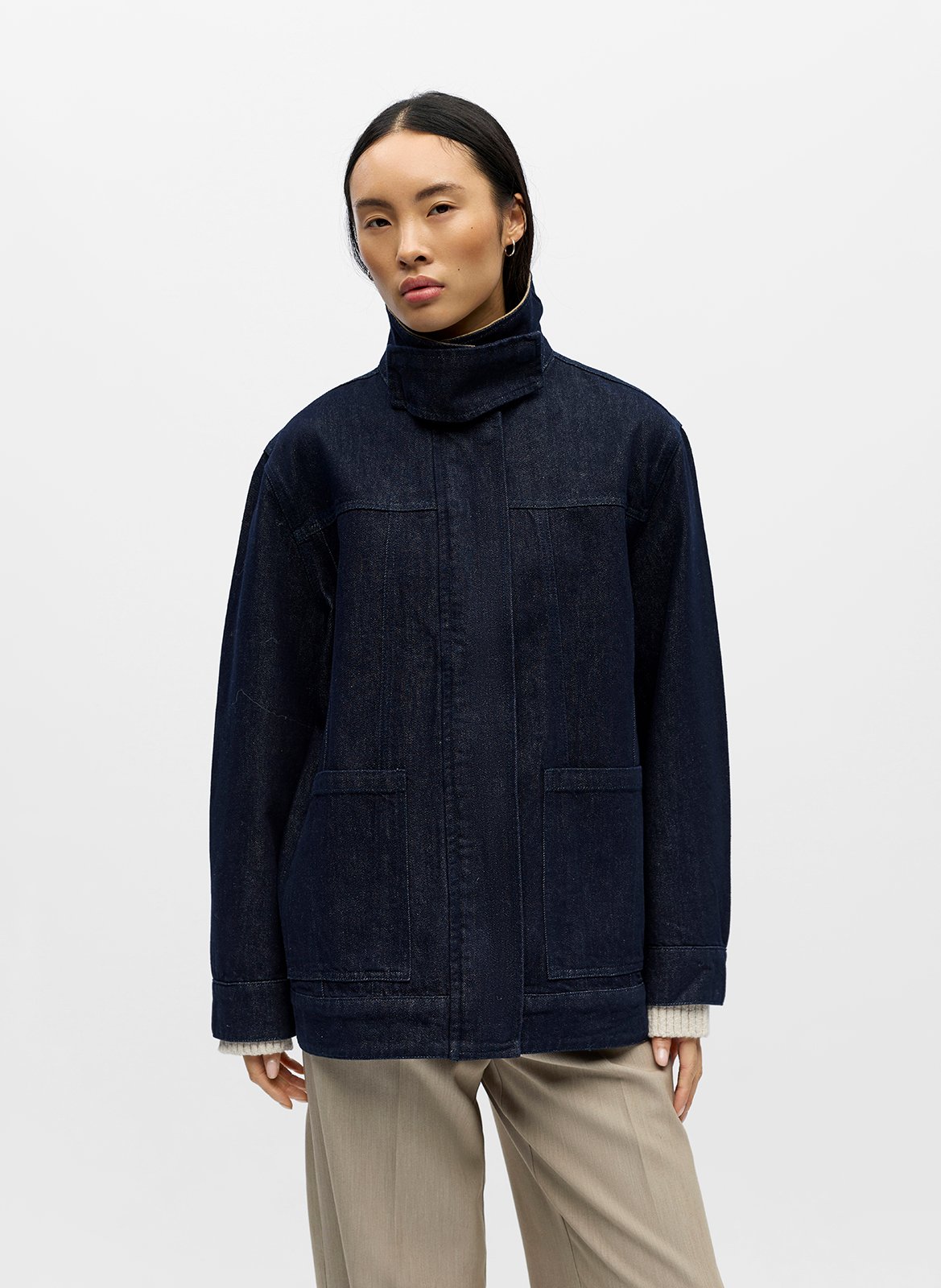 Oversize-Jacke mit asymmetrischem Kragen aus Baumwollmischung OBJECT Blau