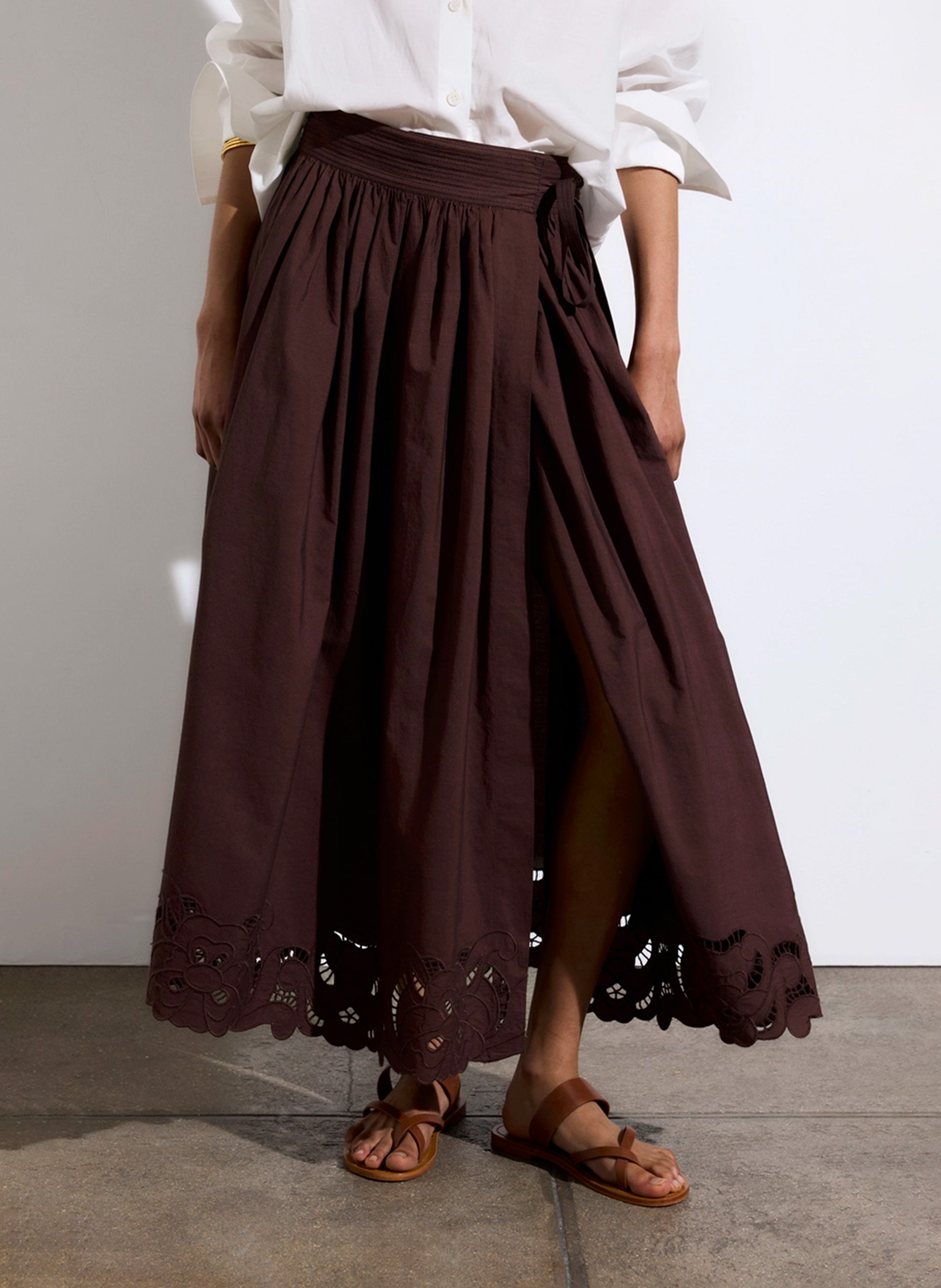 Long embroidered cotton wrap skirt VANESSA BRUNO Brown
