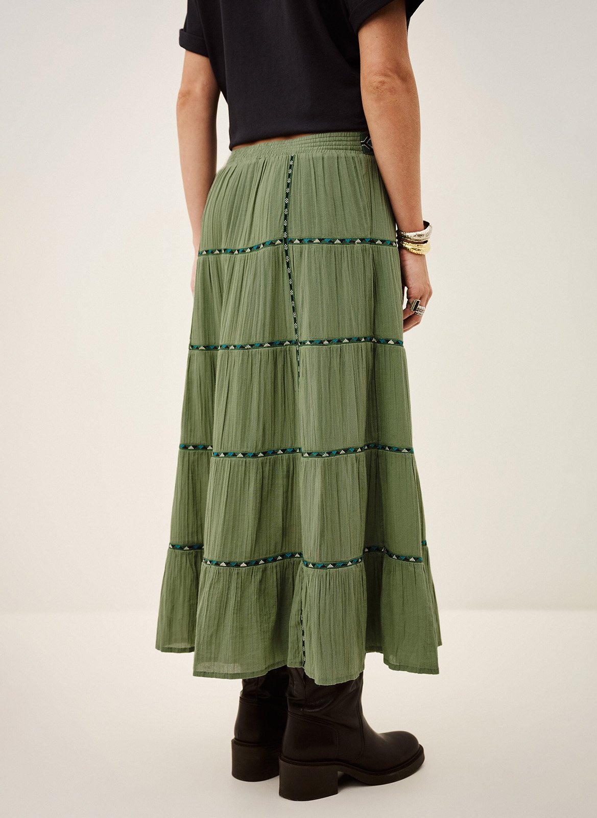Jupe longue évasée à broderies BA&SH Vert
