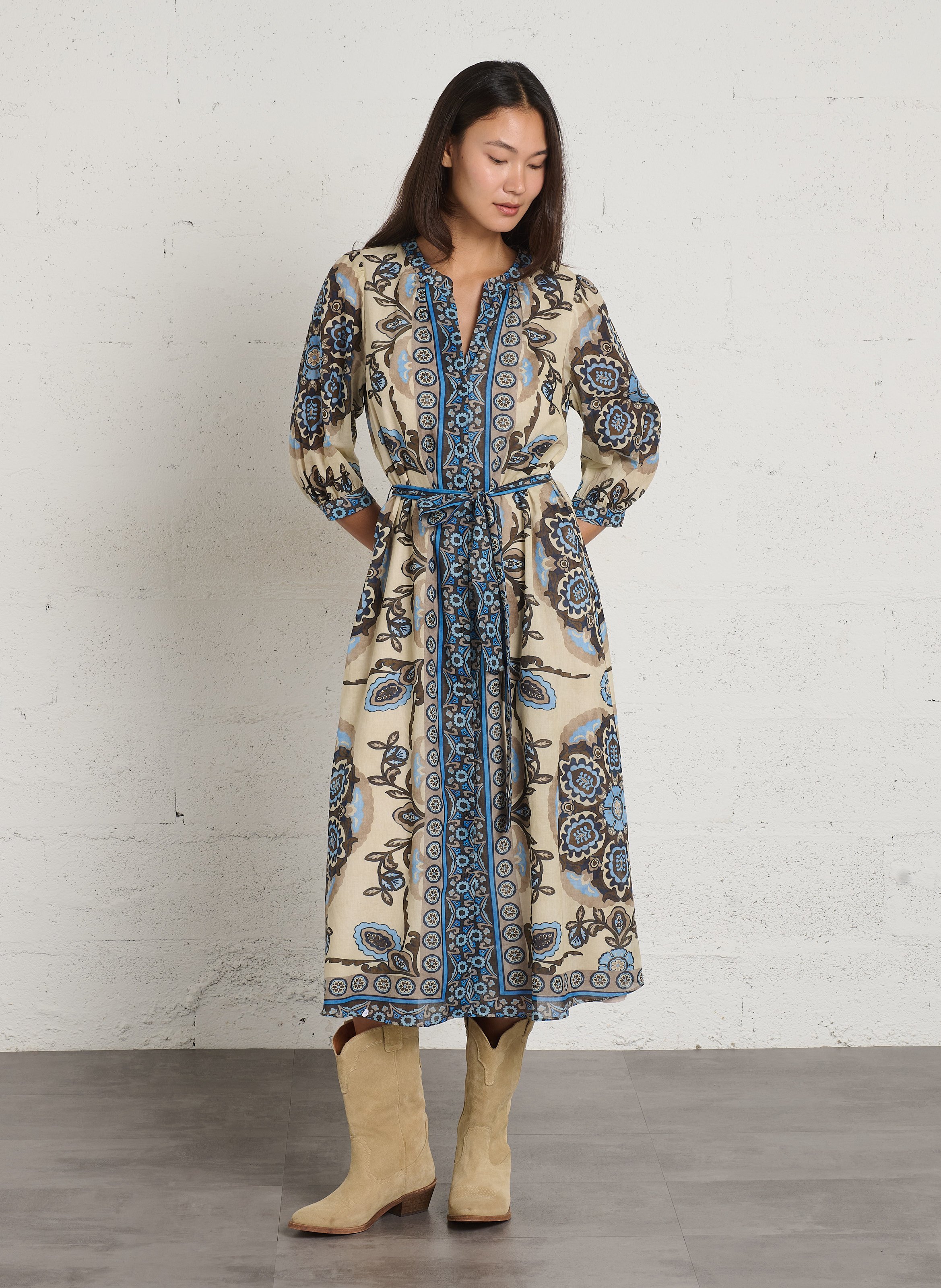 Robe cintrée à imprimé en coton SUD EXPRESS Bleu