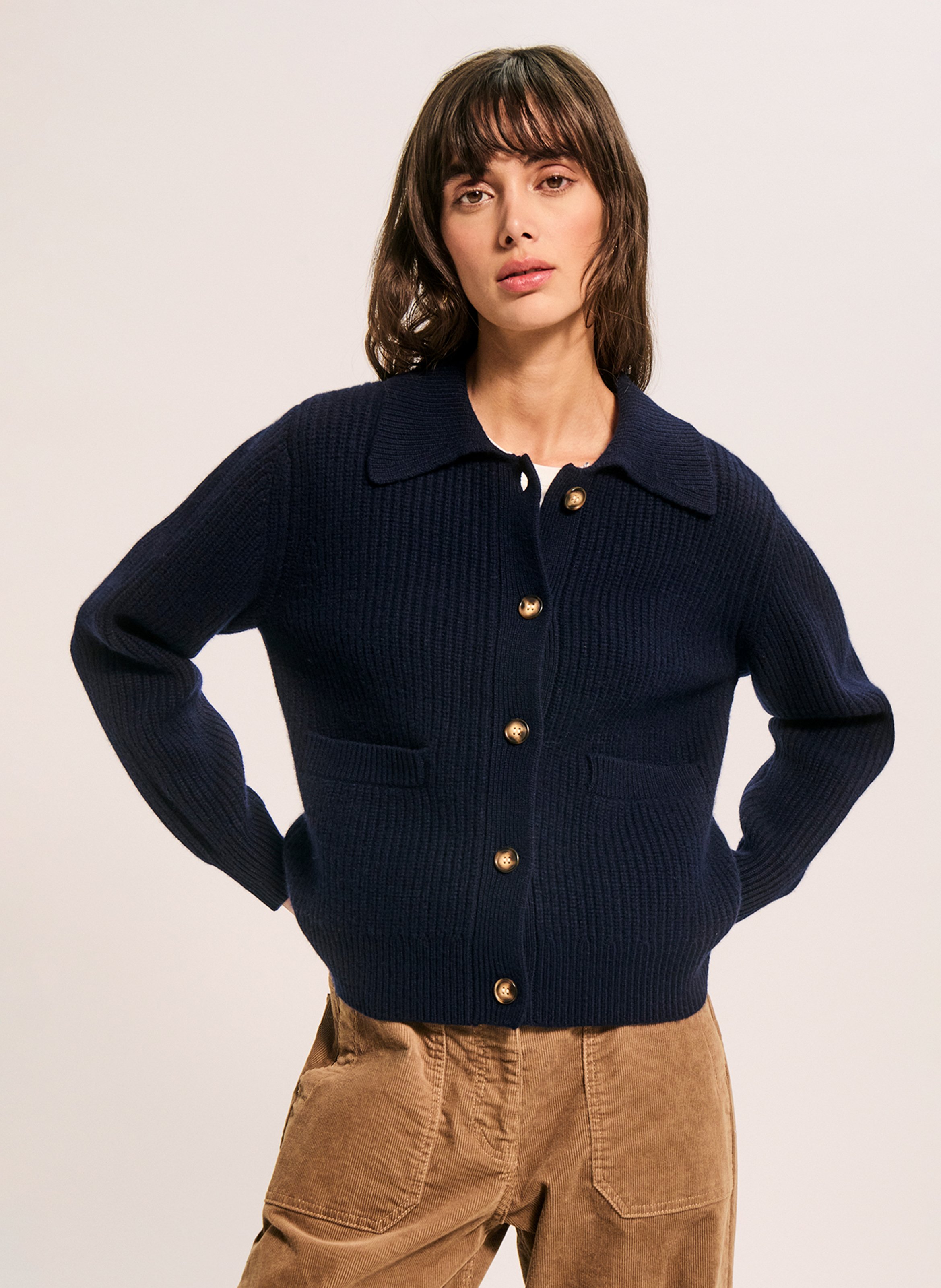 Straight gilet with fur collar in cashmere PABLO Blue