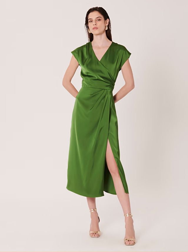 Robe longue col V satin e Vert