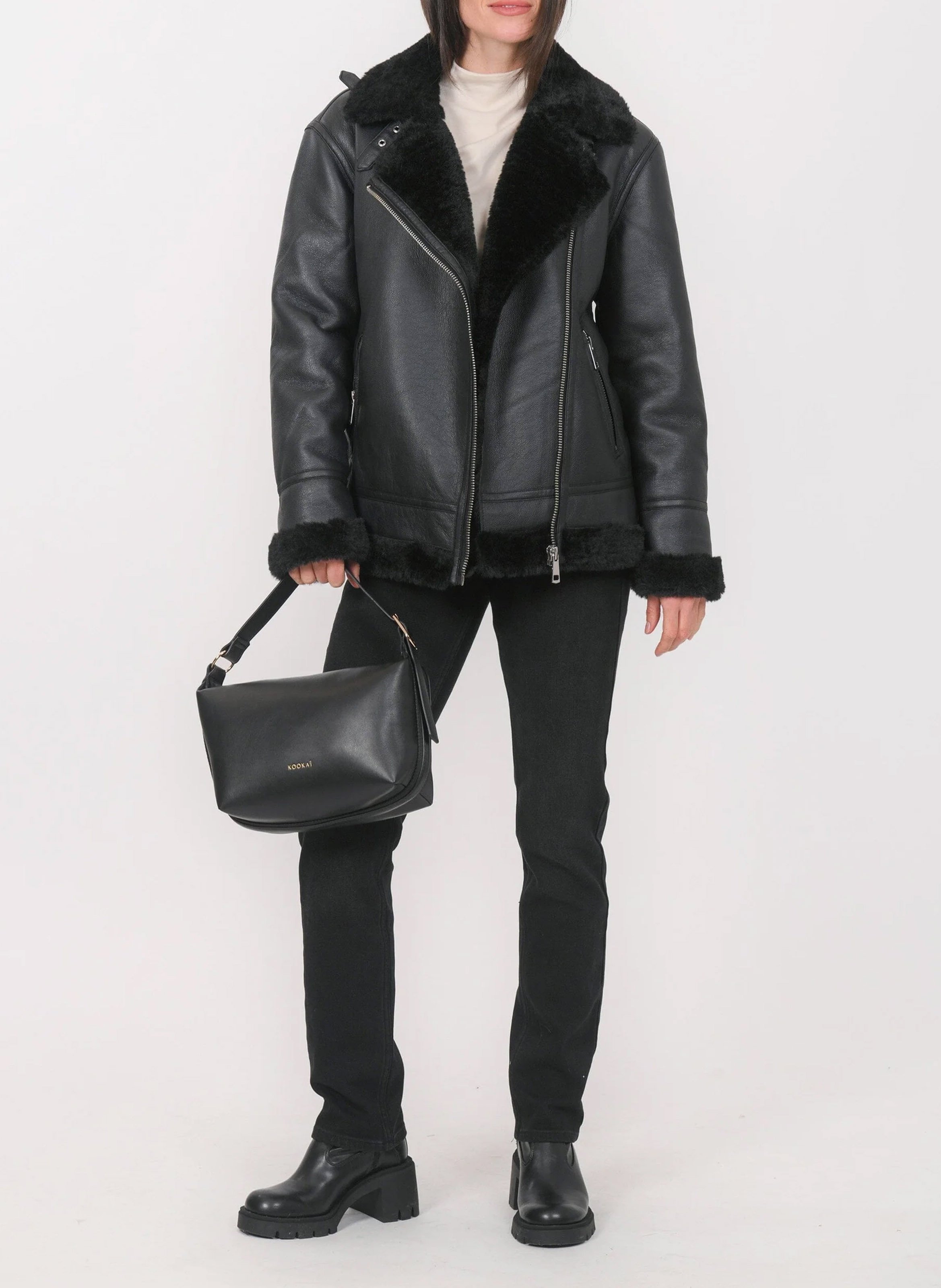 Chaqueta de cuello de solapa de efecto cuero KOOKAI Negro