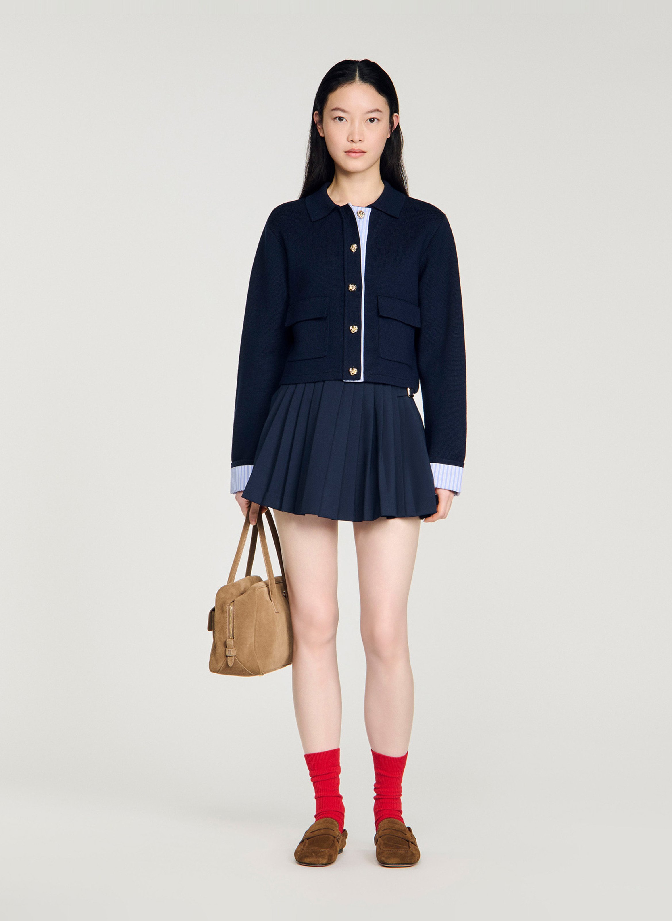 Kort vest met gestreept detail van gemengde wol SANDRO Blauw