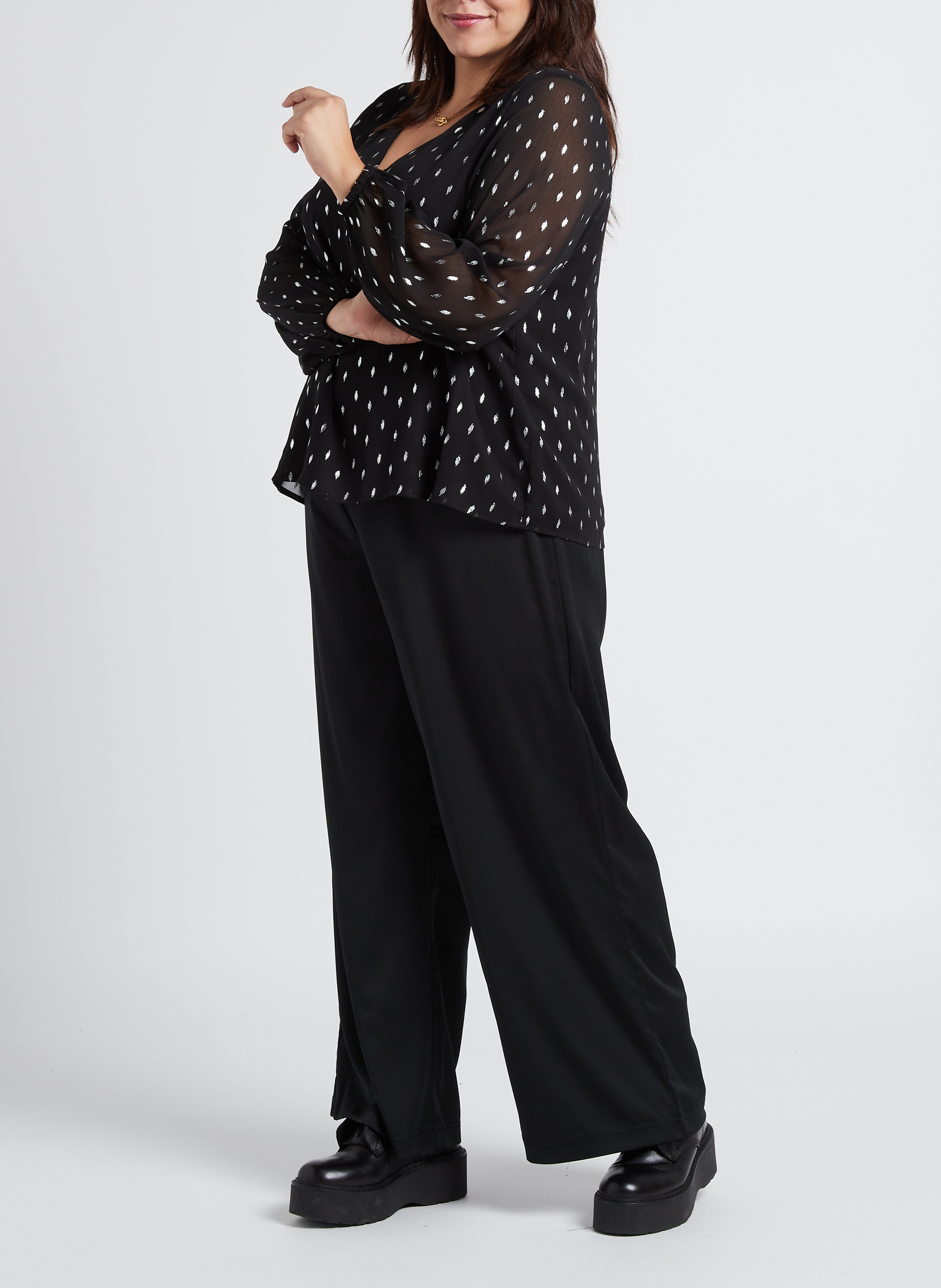 Blouse col V imprimée pois EVOKED Noir