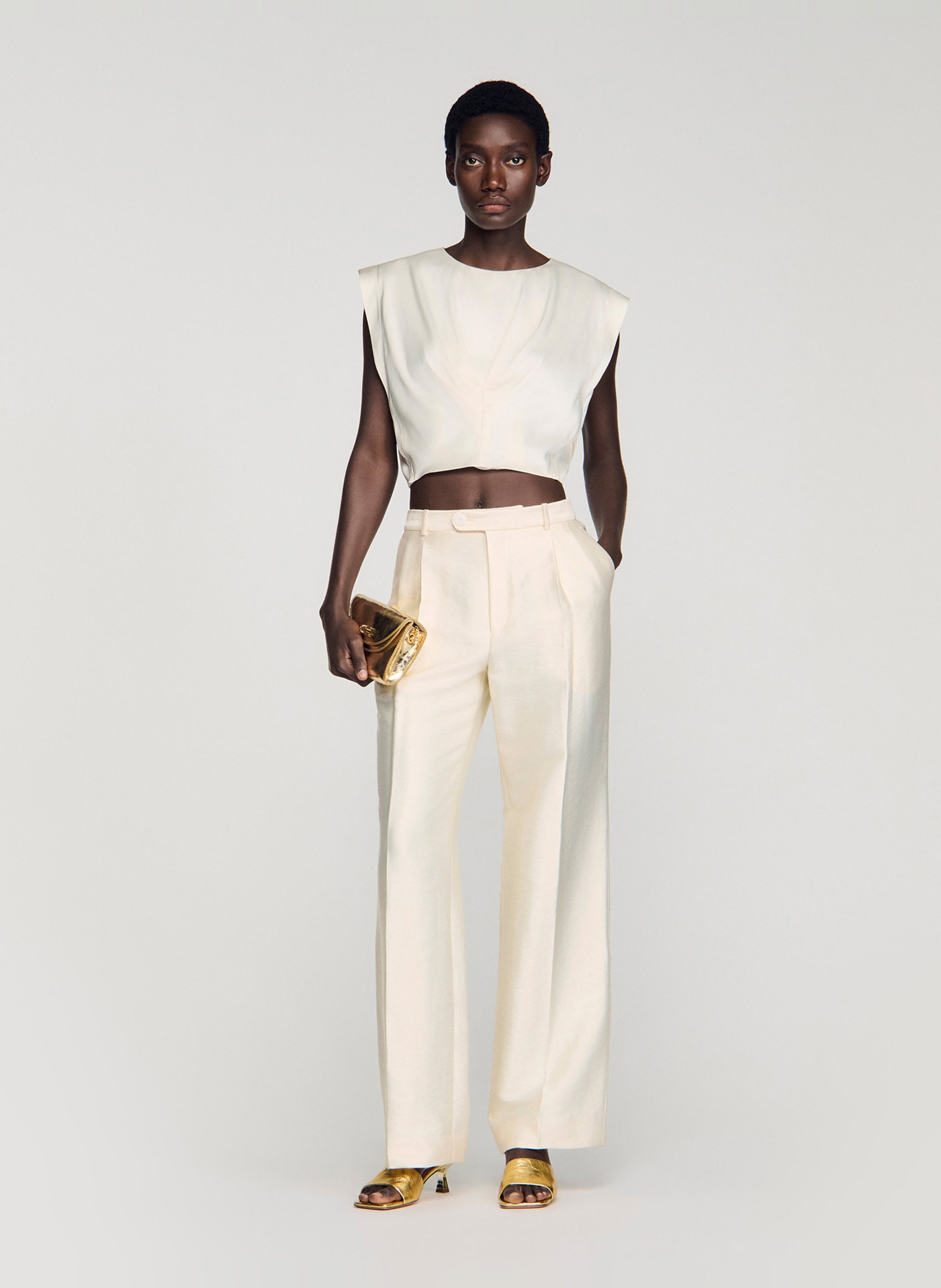 Round-neck satin-finish straight-cut top SANDRO Beige