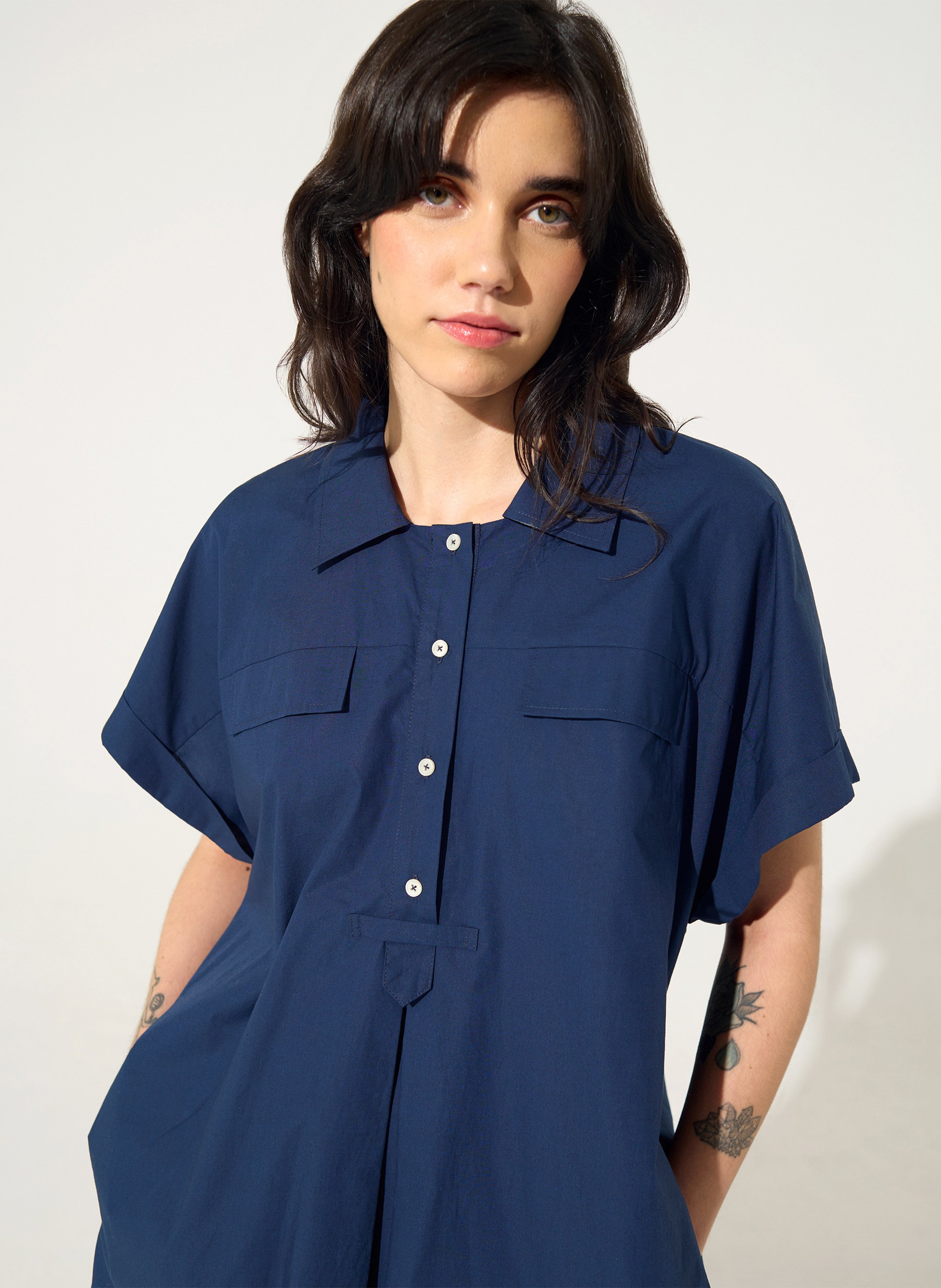 Robe courte col classique en coton bio COTELAC ACOTE Bleu