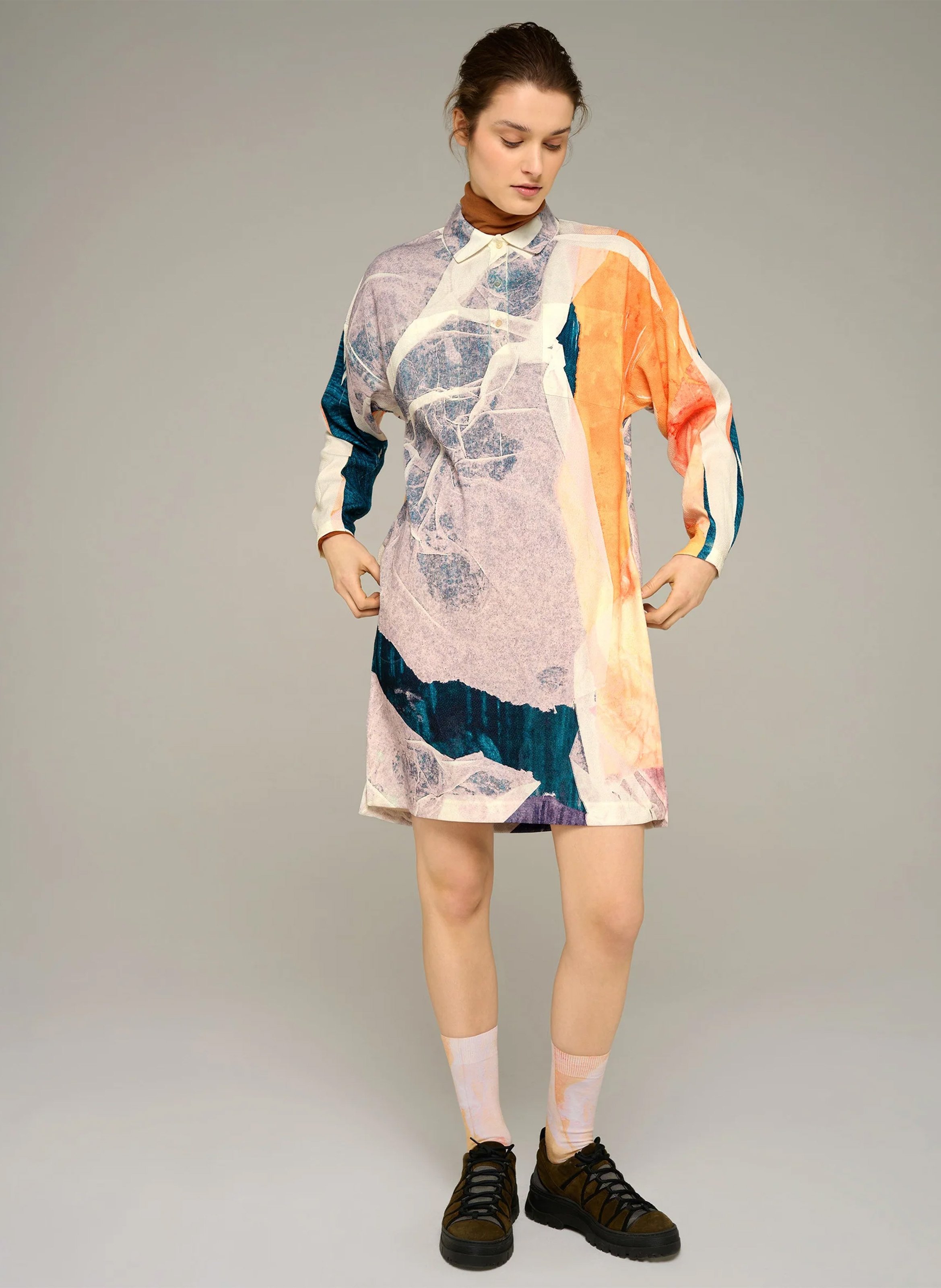 Short printed dress with classic collar COTELAC ACOTE Multicolored