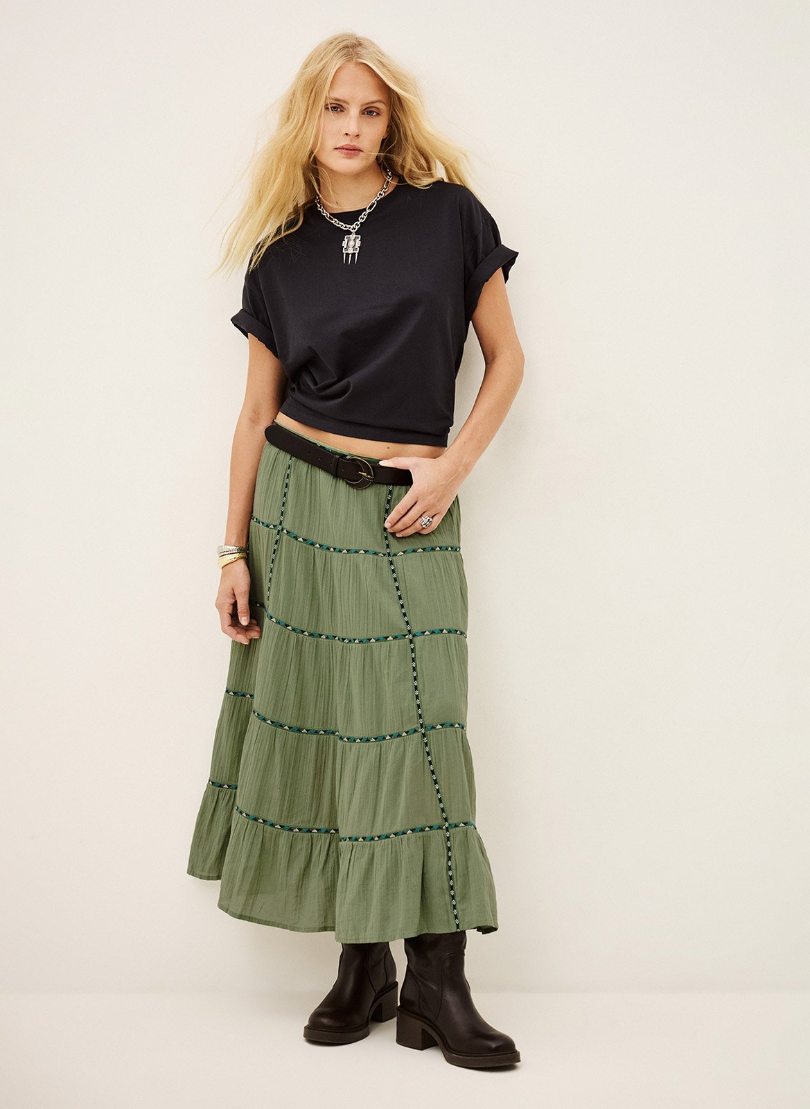 Jupe longue évasée à broderies BA&SH Vert
