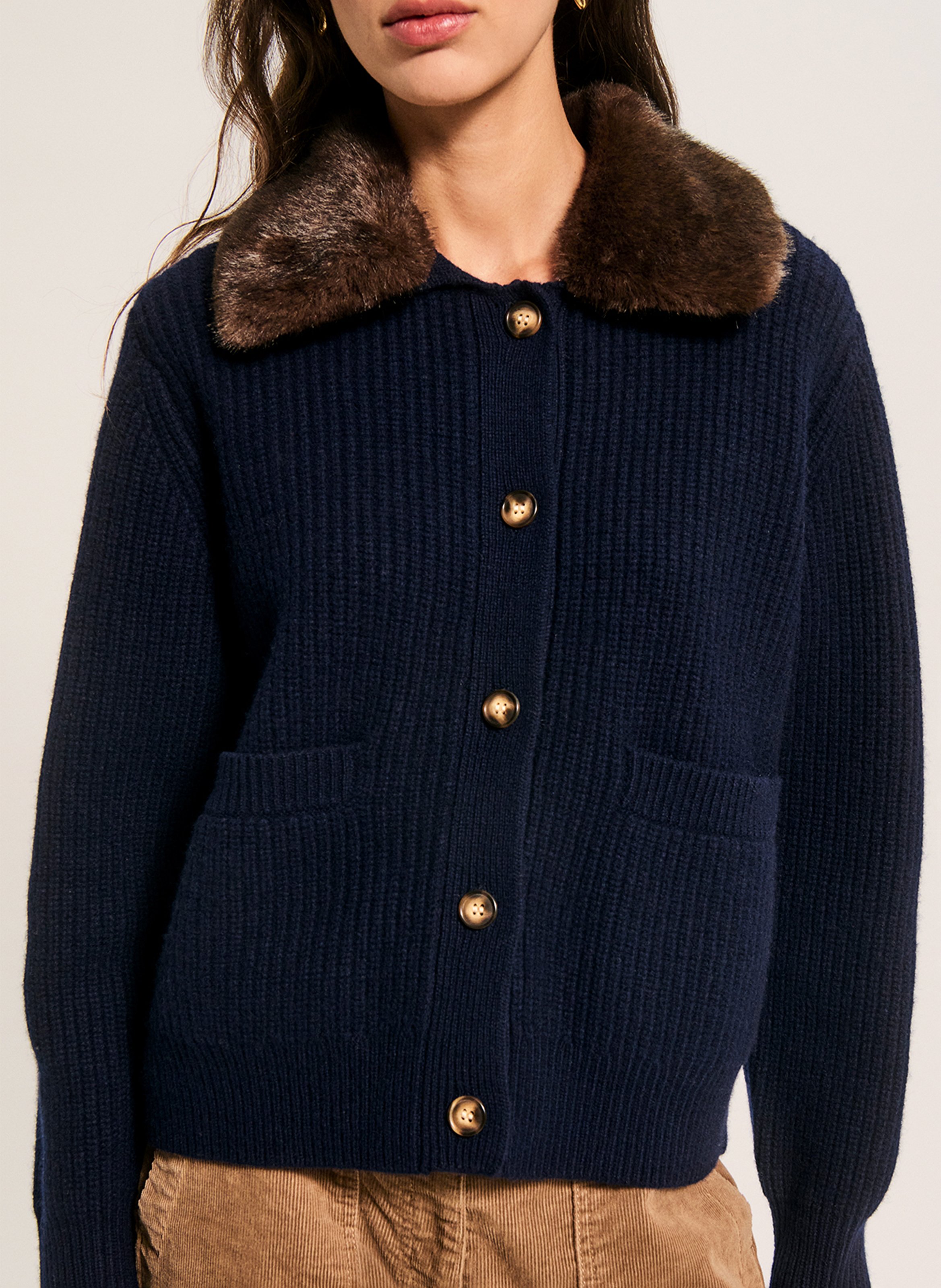 Straight gilet with fur collar in cashmere PABLO Blue