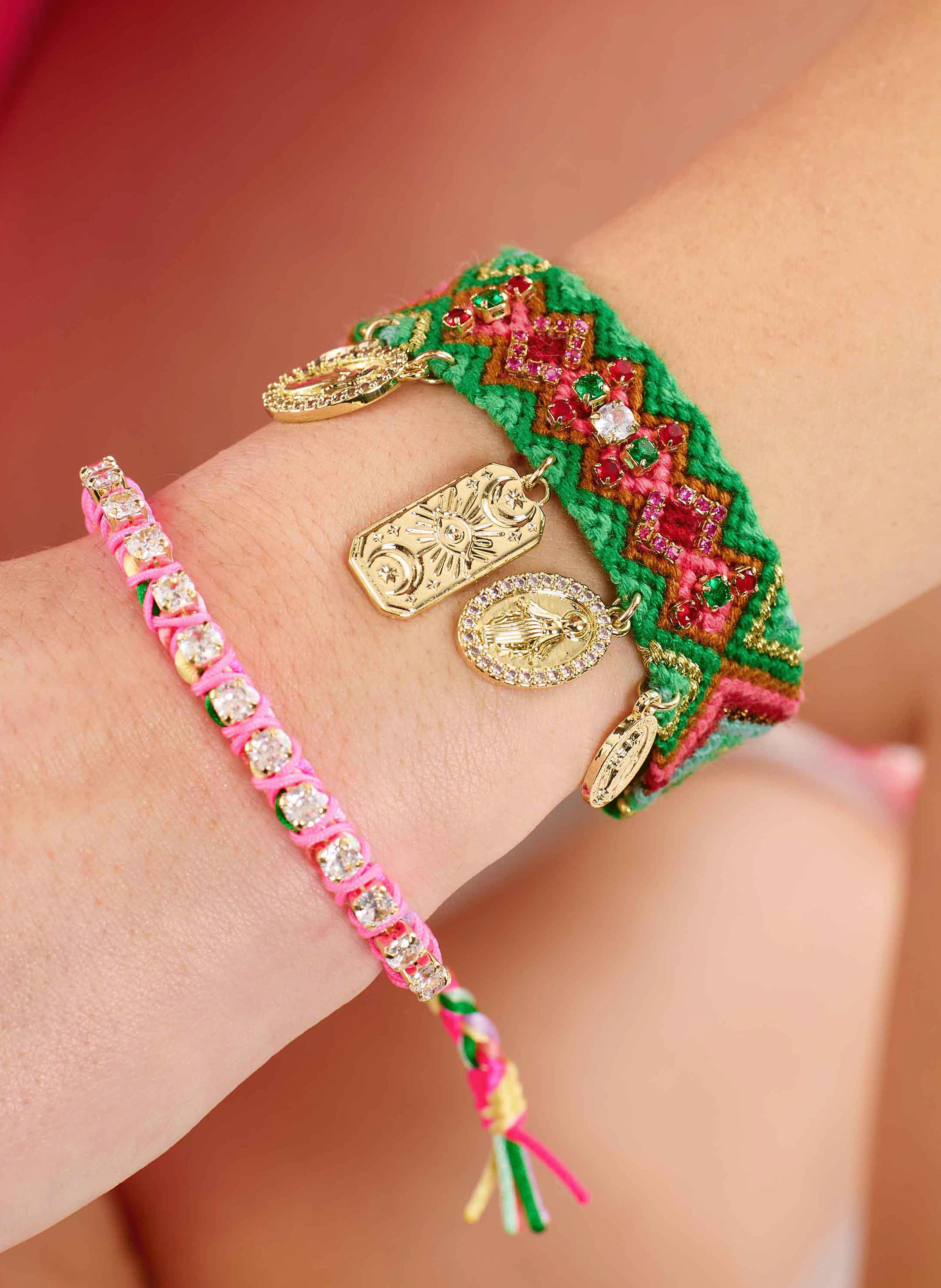 Woven bracelet with beads and charms HIPANEMA Green