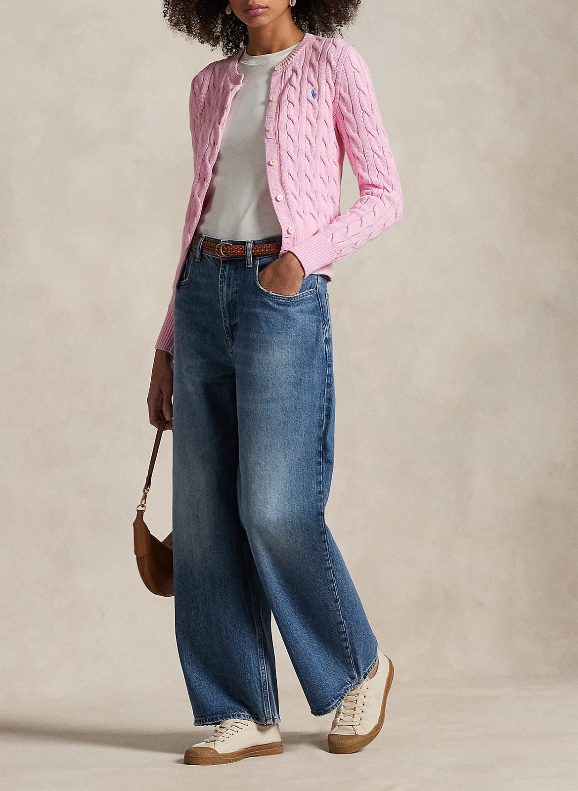 Cardigan droit col rond en coton POLO RALPH LAUREN Rose