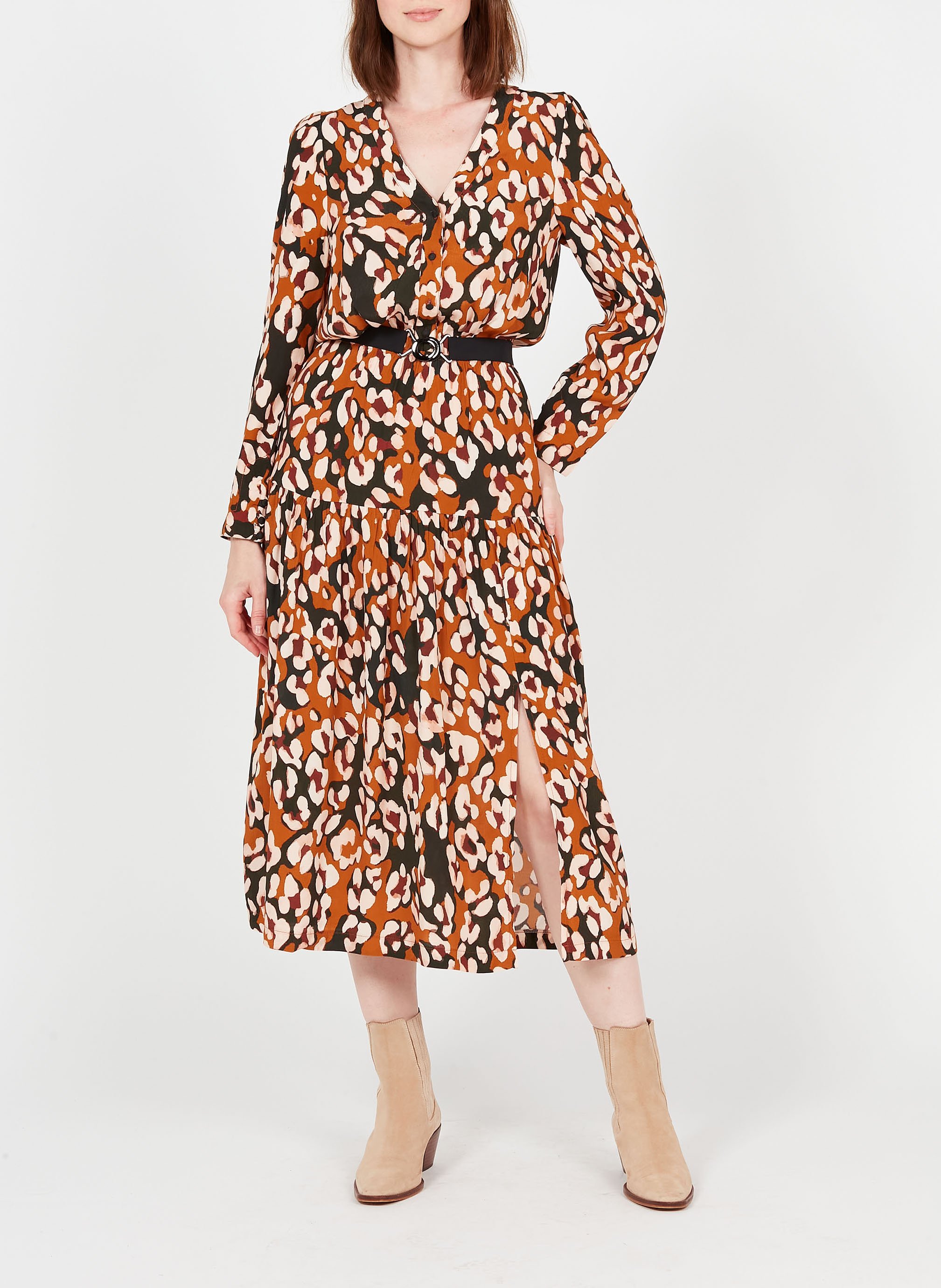 Printed V-neck midi dress LA PETITE FRANCAISE Brown