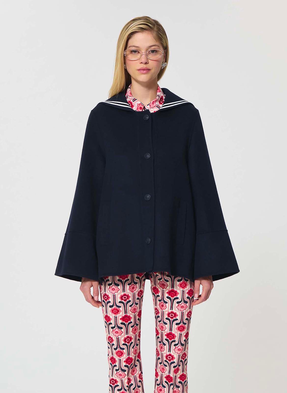 Manteau court cape ample en laine mélangée TARA JARMON Bleu