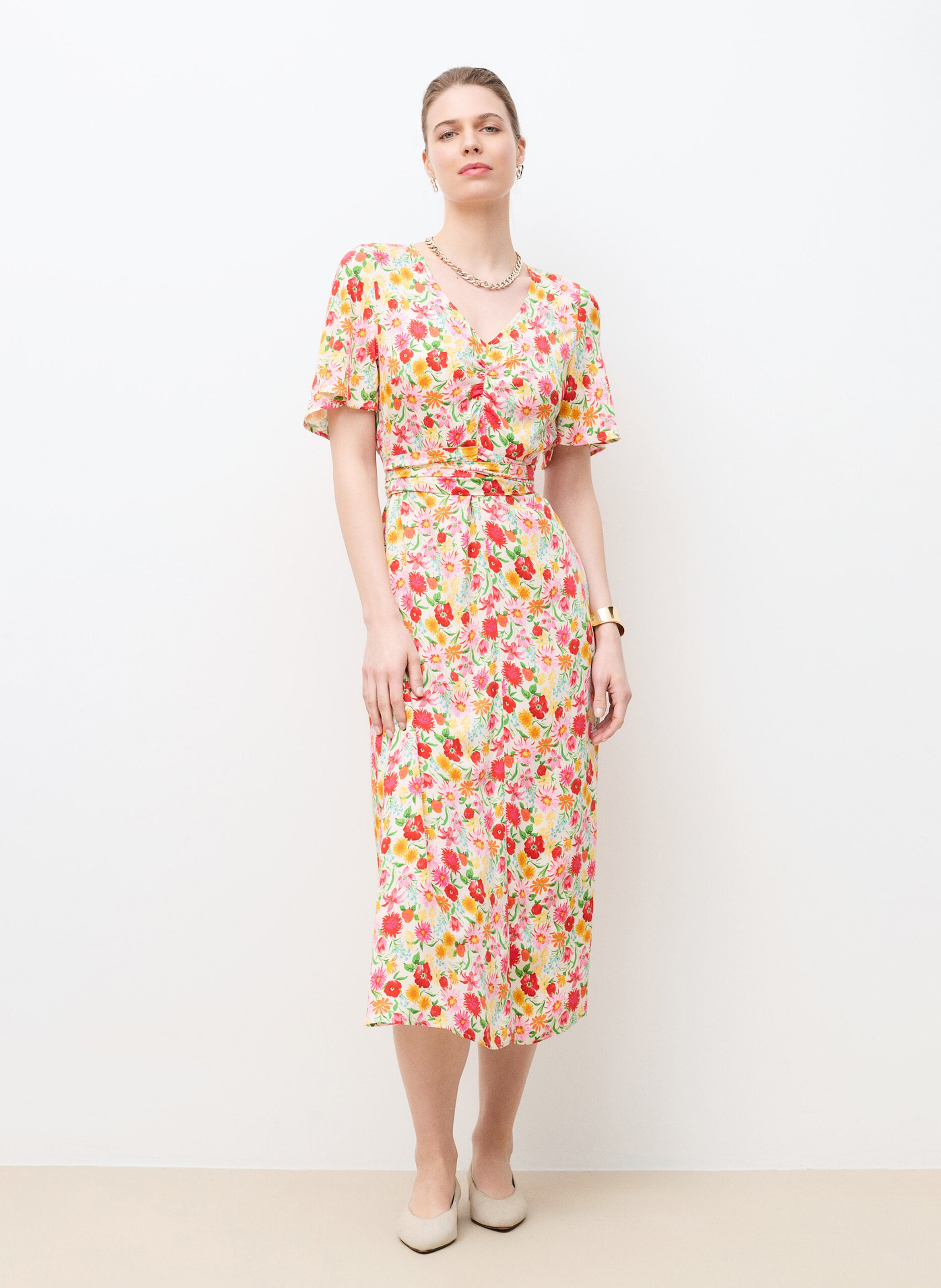 Robe midi col V imprimée CAROLL Multicolore